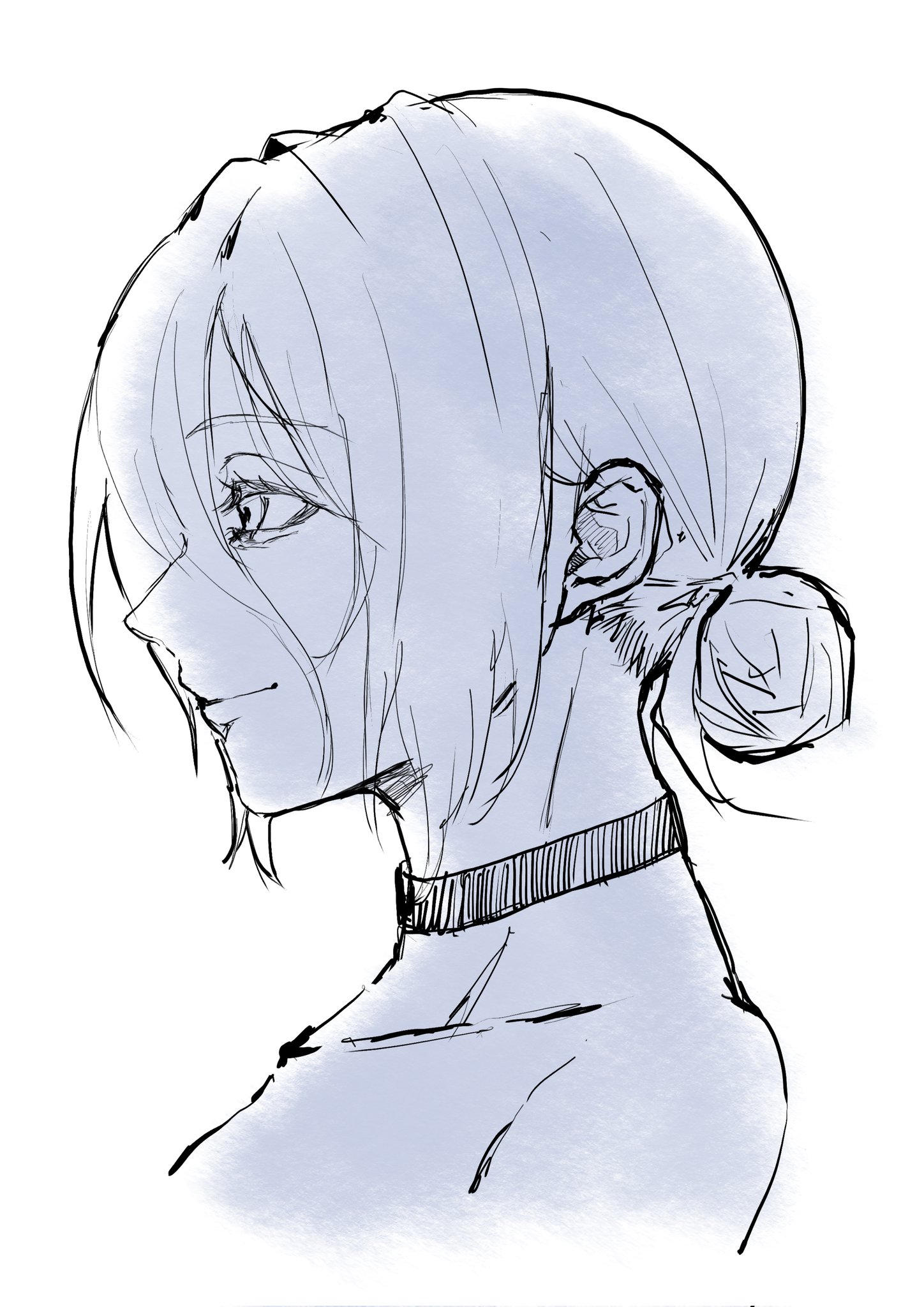 reze (chainsaw man), chainsaw man, highres, 1girl, bare shoulders, choker, closed mouth, collarbone, from side, greyscale, hair between eyes, hair bun, monochrome, pepeipeinapple33, short hair, sidelocks, single hair bun, smile, solo, white background