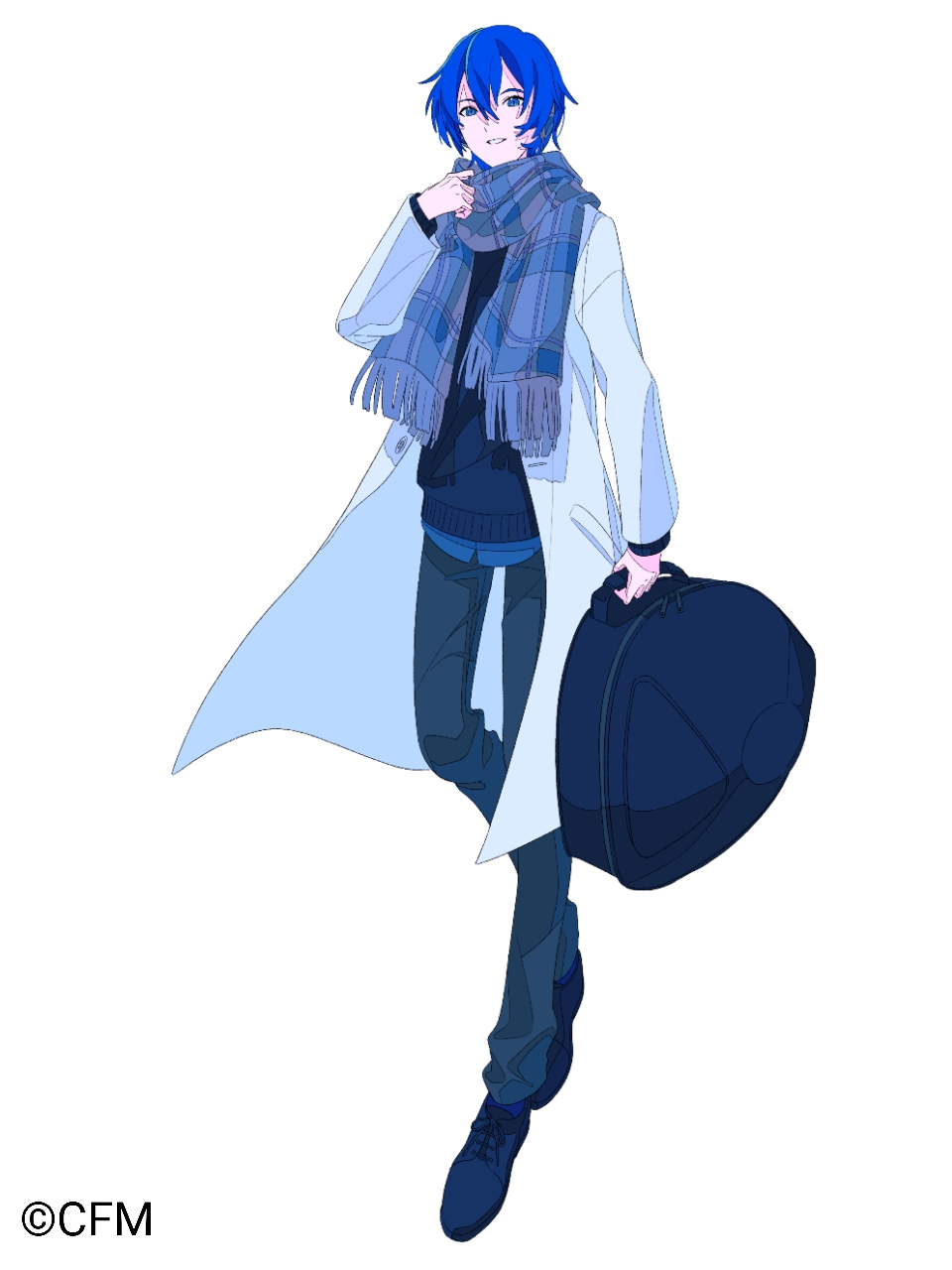 lazool 721, kaito (vocaloid), vocaloid, highres, official art, third-party source, 1boy, bag, blue bag, blue eyes, blue hair, blue pants, blue scarf, blue shoes, blue sweater, coat, company name, copyright notice, full body, grin, hair between eyes, holding, holding bag, male focus, pants, plaid clothes, plaid scarf, scarf, shoes, simple background, smile, solo, standing, sweater, teeth, white background, white coat