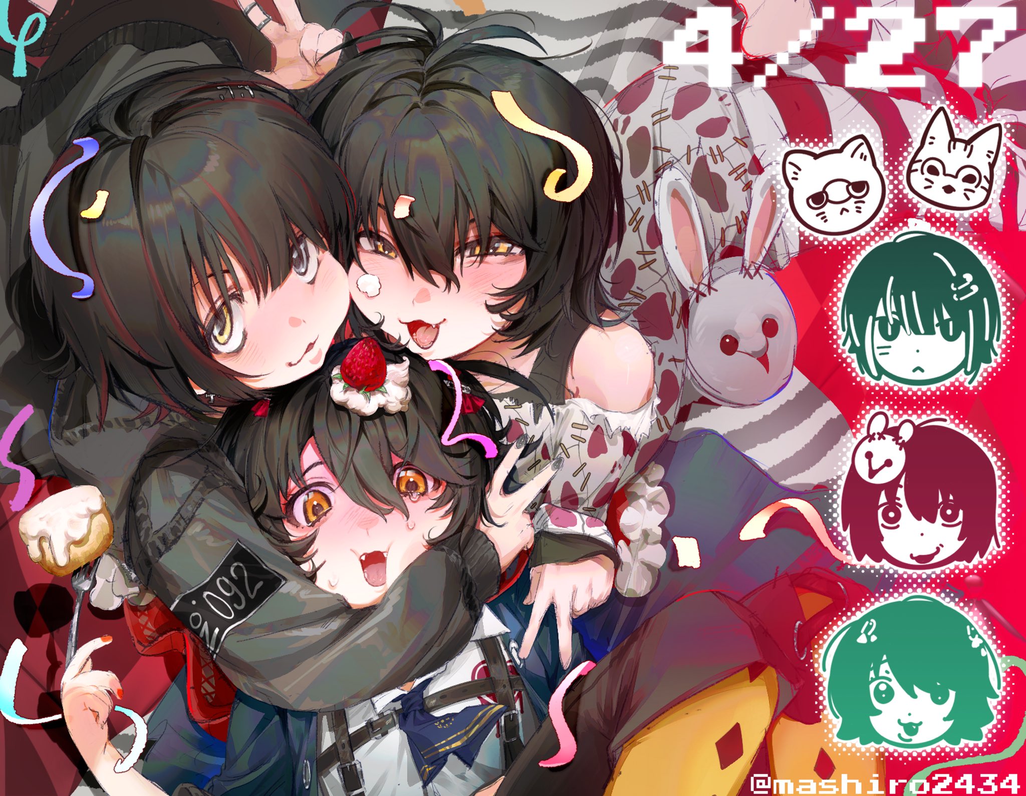 diandian quan, mashiro meme, mashiro meme (1st costume), mashiro meme (2nd costume), mashiro meme (3rd costume), nijisanji, highres, 3boys, black hair, black jacket, black tank top, confetti, fang, food, food on face, food on hair, fork, fruit, hair between eyes, holding, holding fork, hug, jacket, long sleeves, looking at viewer, male focus, multicolored hair, multiple boys, multiple persona, off-shoulder shirt, off shoulder, official alternate costume, red scarf, scarf, shirt, short hair, smile, strawberry, streaked hair, tank top, v, virtual youtuber, whipped cream, white shirt, yellow eyes