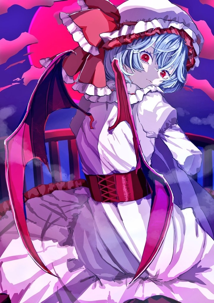 remilia scarlet, touhou, 1girl, bat wings, closed mouth, cloud, corset, dress, frilled dress, frilled hat, frills, hat, hat ribbon, looking at viewer, mob cap, moon, pepeipeinapple33, puffy sleeves, purple hair, red corset, red eyes, red moon, red ribbon, ribbon, solo, white dress, white hat, wings