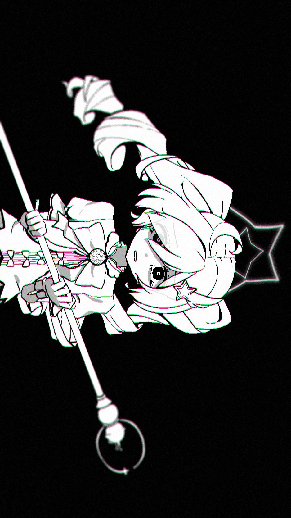 reisa (blue archive), reisa (magical) (blue archive), blue archive, highres, 1girl, ahoge, black background, blurry border, chromatic aberration, crying, crying with eyes open, drill hair, furrowed brow, greyscale, hair ornament, halo, holding, holding staff, long hair, magical girl, monochrome, parted lips, puffy short sleeves, puffy sleeves, quilt heron, sad, short sleeves, sideways, solo, staff, star (symbol), star hair ornament, star halo, tearing up, tears, traumatized, twin drills, upper body, wide-eyed, wind