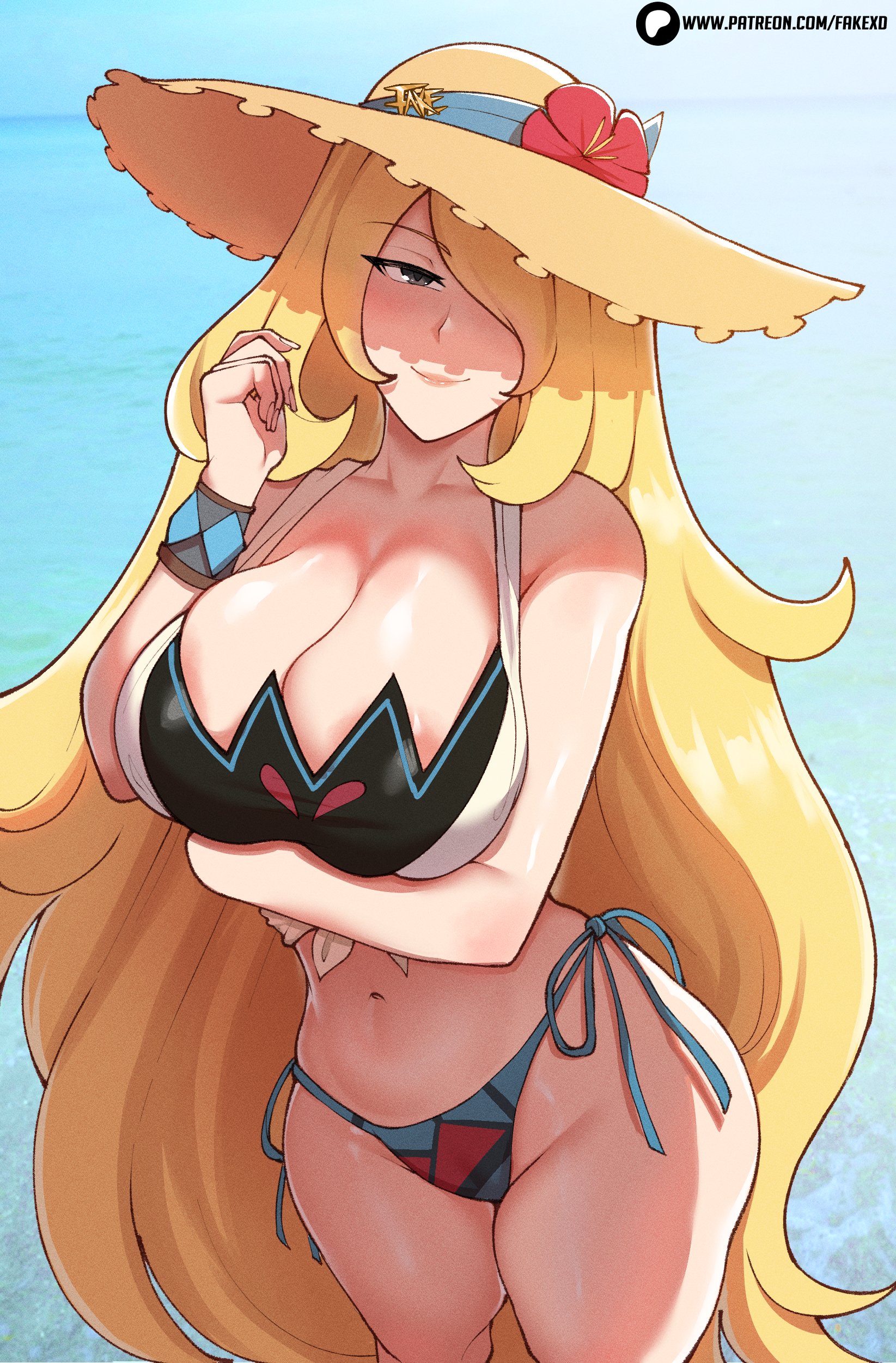 fake (lord socar), cynthia (pokemon), nintendo, pokemon, pokemon dppt, absurdres, highres, 1girl, bare shoulders, bikini, blonde hair, breasts, cleavage, cowboy shot, hair over one eye, hat, large breasts, long hair, solo, straw hat, swimsuit, very long hair