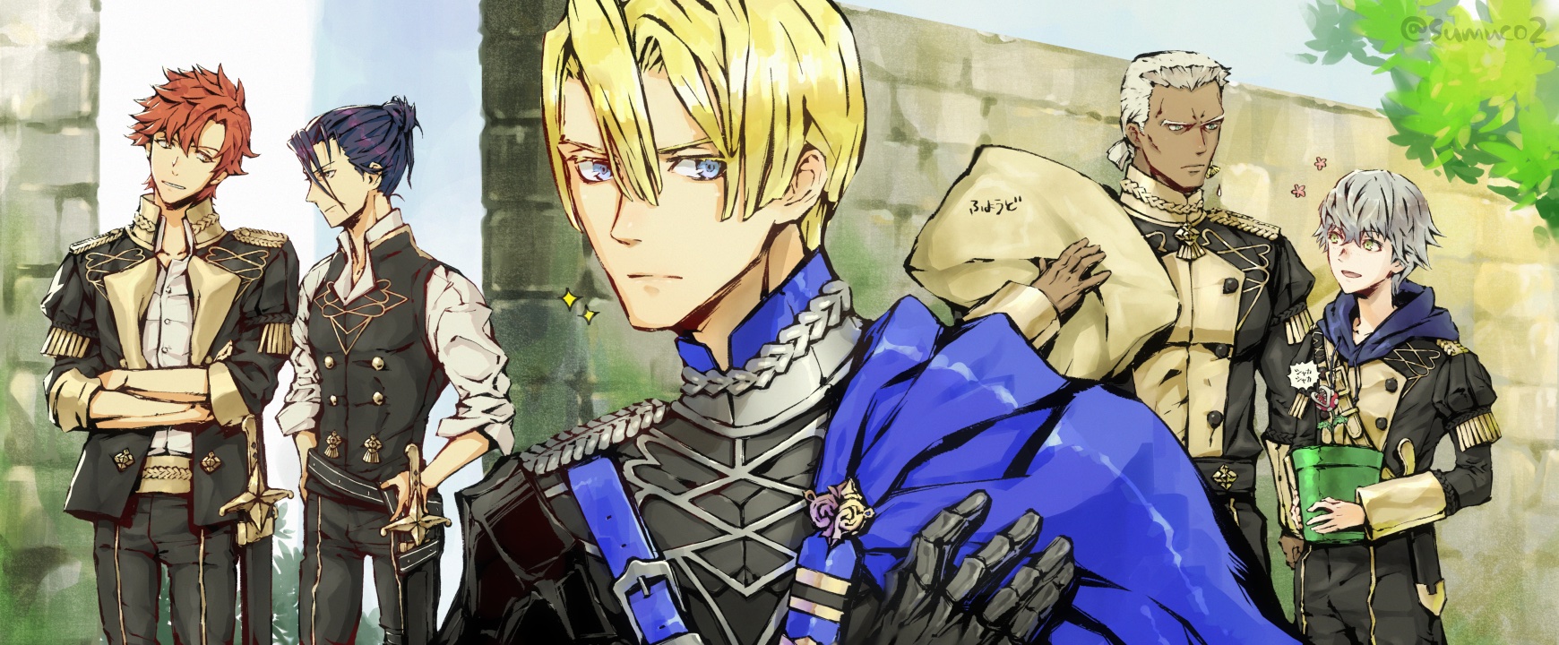 ashe ubert, dedue molinaro, dimitri alexandre blaiddyd, felix hugo fraldarius, sylvain jose gautier, fire emblem, fire emblem: three houses, nintendo, commentary request, highres, 5boys, blonde hair, blue eyes, blue hair, crossed arms, dark-skinned male, dark skin, flower pot, grey hair, holding, holding flower pot, hood, hood down, male focus, multiple boys, orange hair, outdoors, short hair, sumuco, twitter username