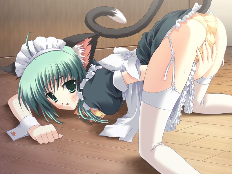animal ears, blush, cat ears, cat tail, green eyes, looking at viewer, maid, tail, thighhighs