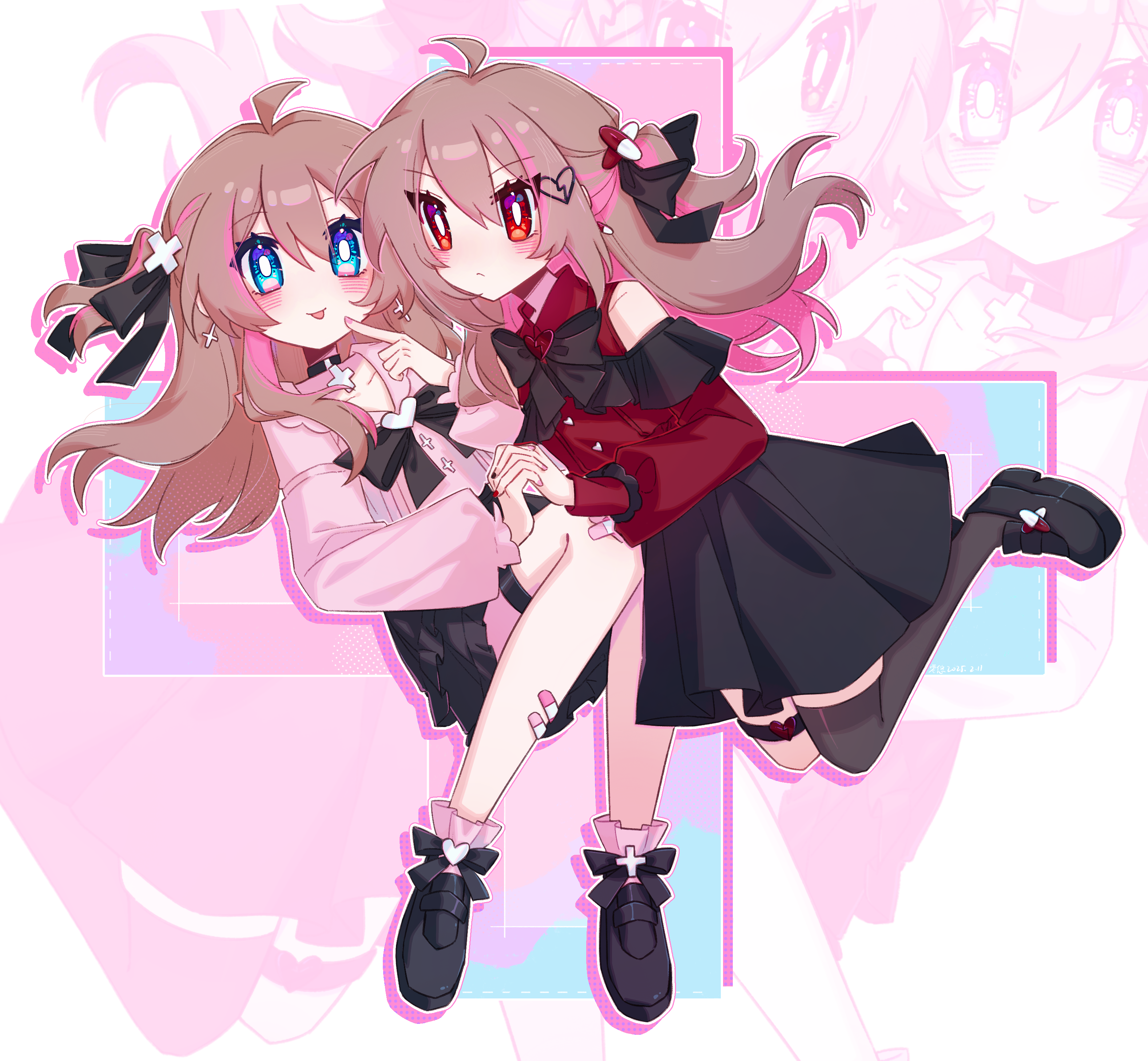 evil neuro-sama, neuro-sama, absurdres, commentary request, highres, 2girls, ahoge, bandaid, bandaid on leg, bare shoulders, black bow, black bowtie, black collar, black ribbon, black shoes, black skirt, black thighhighs, blue eyes, bow, bowtie, broken heart, broken heart hair ornament, brown hair, closed mouth, collar, ear piercing, frilled shirt, frilled shirt collar, frills, from side, full body, hair ornament, hair ribbon, heart, high-waist skirt, jirai kei, long hair, long sleeves, looking at viewer, multiple girls, o-ring, o-ring thigh strap, piercing, pill hair ornament, pink shirt, red eyes, red shirt, ribbon, shirt, shoes, siblings, single thighhigh, sisters, skirt, thigh strap, thighhighs, tongue, tongue out, twins, two side up, user hmyv8473, vedal ai, virtual youtuber, x hair ornament