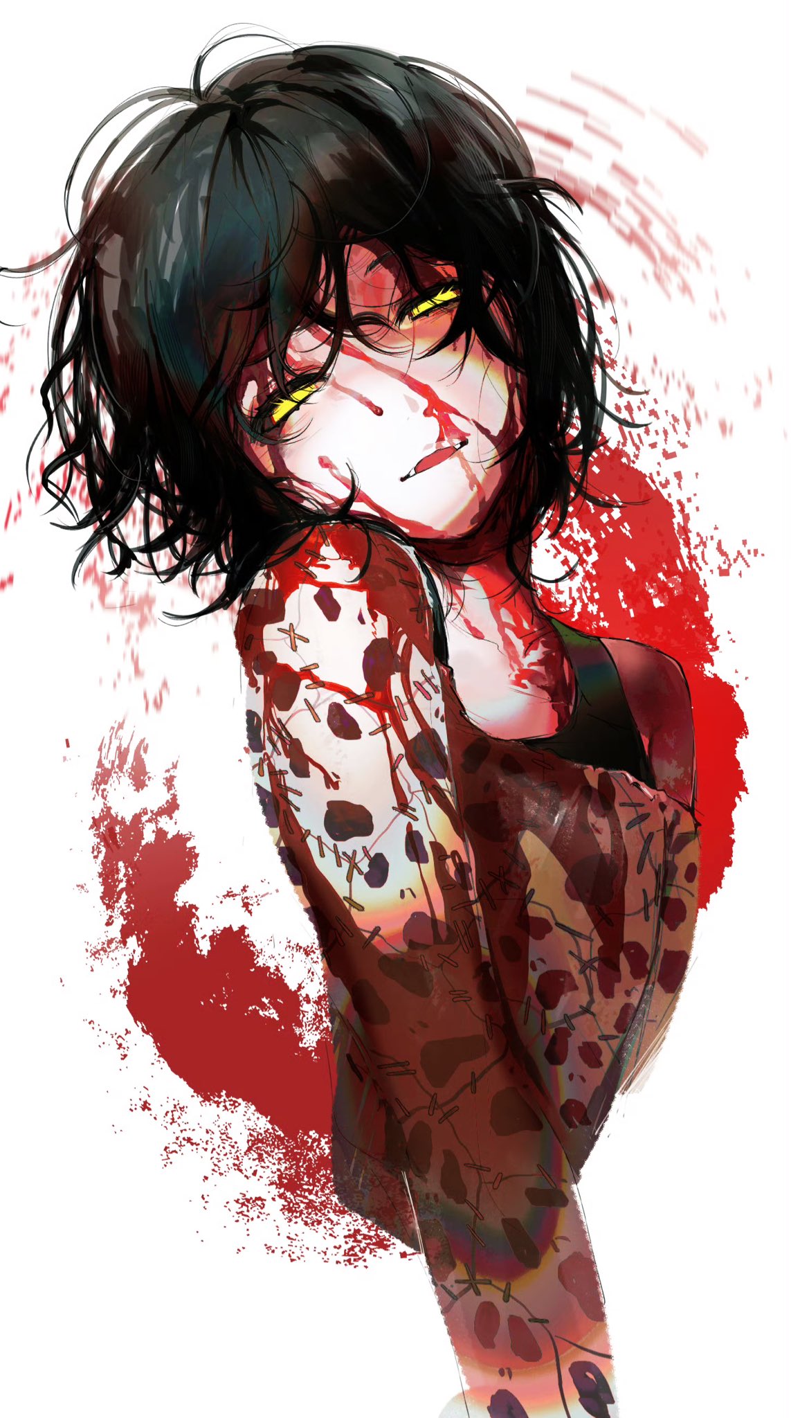diandian quan, mashiro meme, mashiro meme (2nd costume), nijisanji, highres, 1boy, black hair, black tank top, blood, blood in hair, blood on clothes, blood on face, fangs, half-closed eyes, looking at viewer, male focus, off-shoulder shirt, off shoulder, official alternate costume, shirt, short hair, simple background, solo, tank top, virtual youtuber, white background, white shirt, yellow eyes