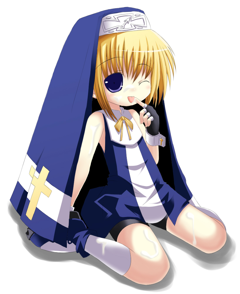 hebereke black, bridget (guilty gear), arc system works, guilty gear, guilty gear xx, 1boy, blonde hair, blue eyes, cross, cum, cum on body, cum on lower body, cum on male, cum on upper body, fingerless gloves, gloves, male focus, one eye closed, short hair, shota, solo, trap, wink