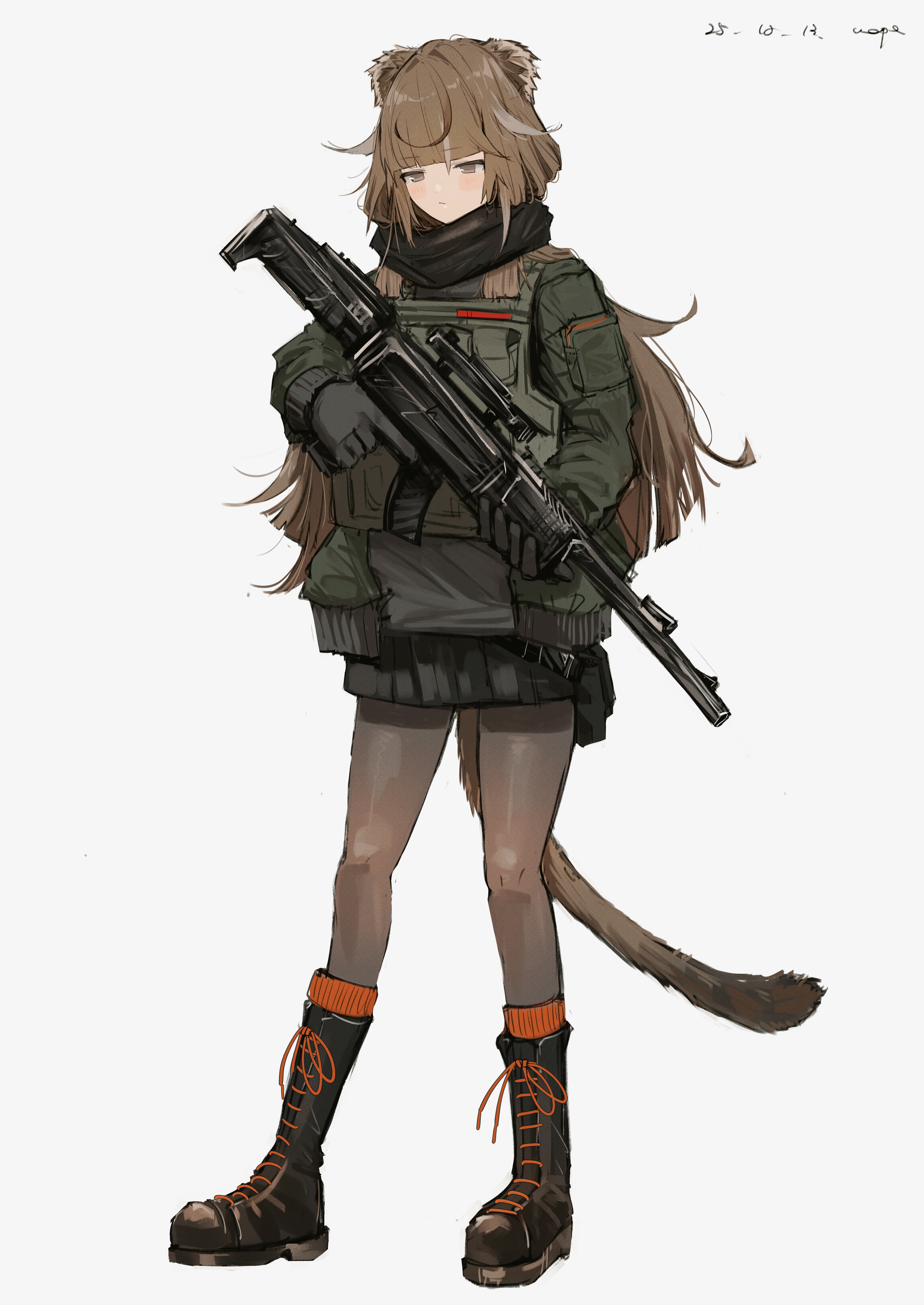 pppmepl, original, absurdres, commentary, english commentary, highres, animal ears, belt pouch, black boots, black skirt, blush, boots, brown pantyhose, dated, expressionless, full body, green jacket, grey background, grey eyes, grey shirt, gun, holding, holding gun, holding weapon, jacket, knee boots, lace-up boots, load bearing vest, long hair, long sleeves, miniskirt, pantyhose, pouch, shirt, skirt, standing, tail, weapon