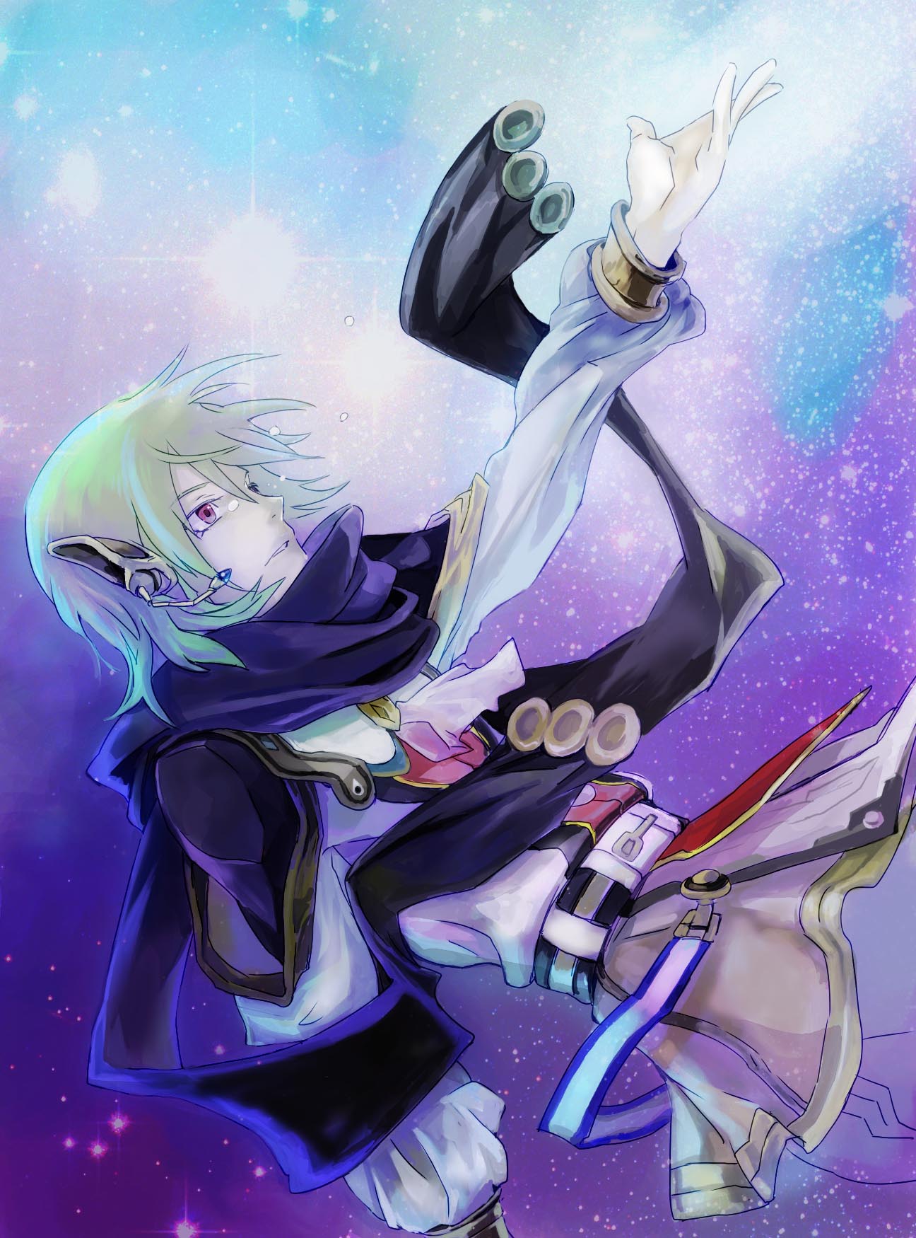 mooche, faize scheifa beleth, star ocean, star ocean: the last hope, highres, 1boy, bishounen, coat, ear covers, expressionless, green hair, long sleeves, looking afar, looking up, male focus, purple eyes, solo