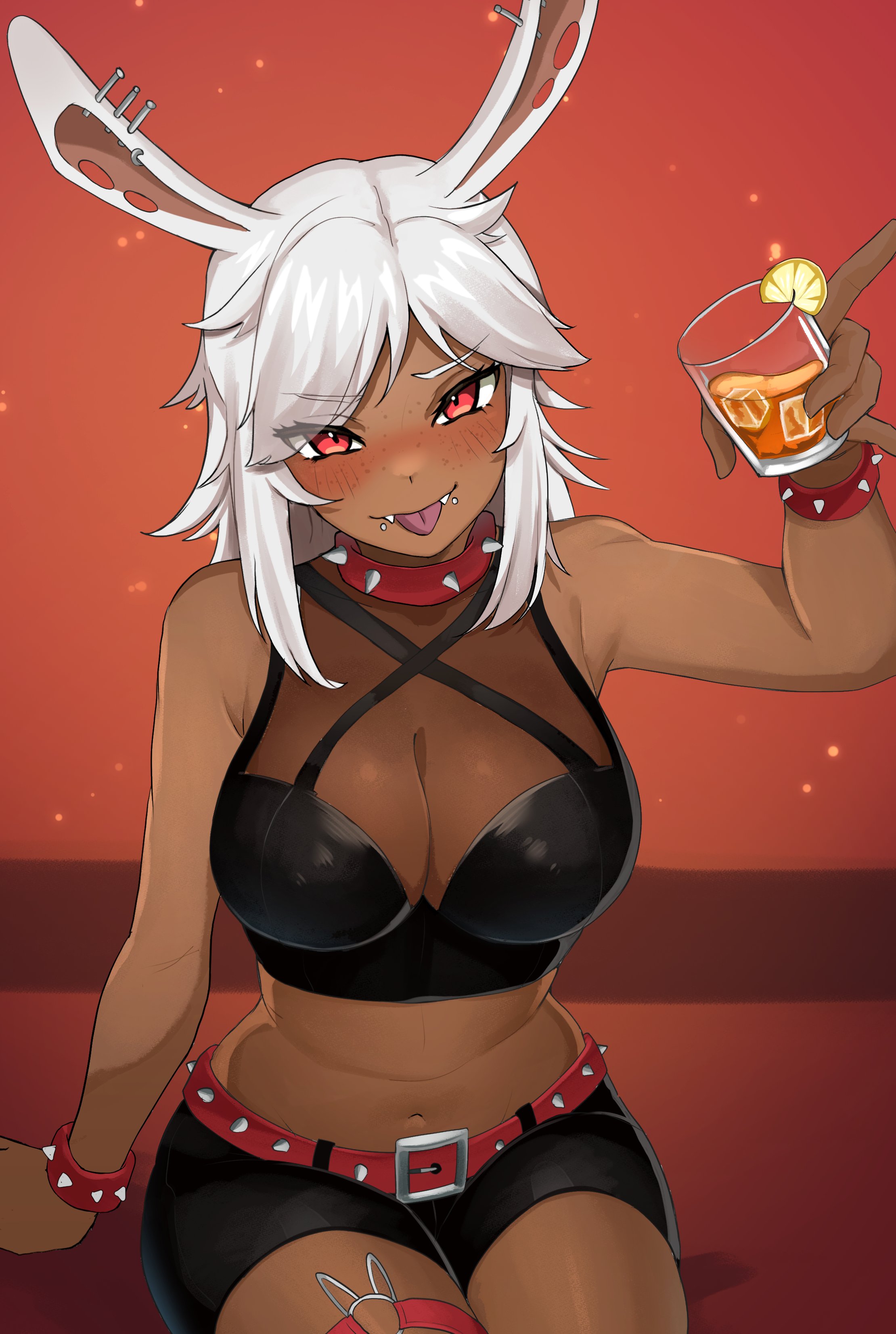 leiden yaegore, original, absurdres, commentary, commission, english commentary, highres, 1girl, animal ear piercing, animal ears, bare arms, belt, belt buckle, black shirt, black shorts, blush, breasts, buckle, cleavage, cocktail, cocktail glass, collar, cowboy shot, crop top, cropped shirt, cup, dark-skinned female, dark skin, drink, drinking glass, fangs, food, freckles, fruit, large breasts, lemon, lemon slice, looking at viewer, medium hair, midriff, o-ring, o-ring thigh strap, orange background, parted bangs, rabbit ears, rabbit girl, red belt, red collar, red eyes, see-through cleavage, see-through clothes, shirt, short shorts, shorts, sitting, sleeveless, sleeveless shirt, smile, solo, spiked belt, spiked collar, spikes, thigh strap, tongue, tongue out, white hair
