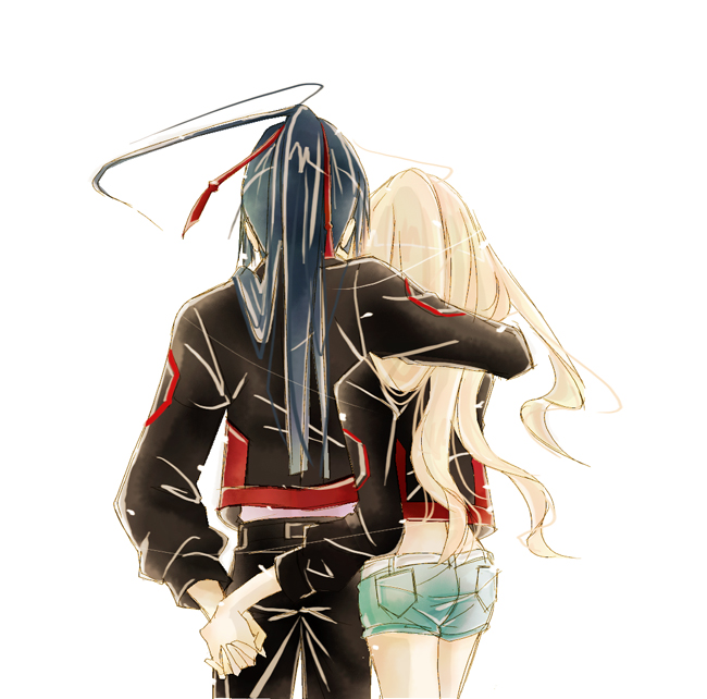 gigi, saotome alto, sheryl nome, macross, macross frontier, bad id, bad pixiv id, 00s, 1boy, 1girl, couple, from behind, hetero, holding hands, long hair