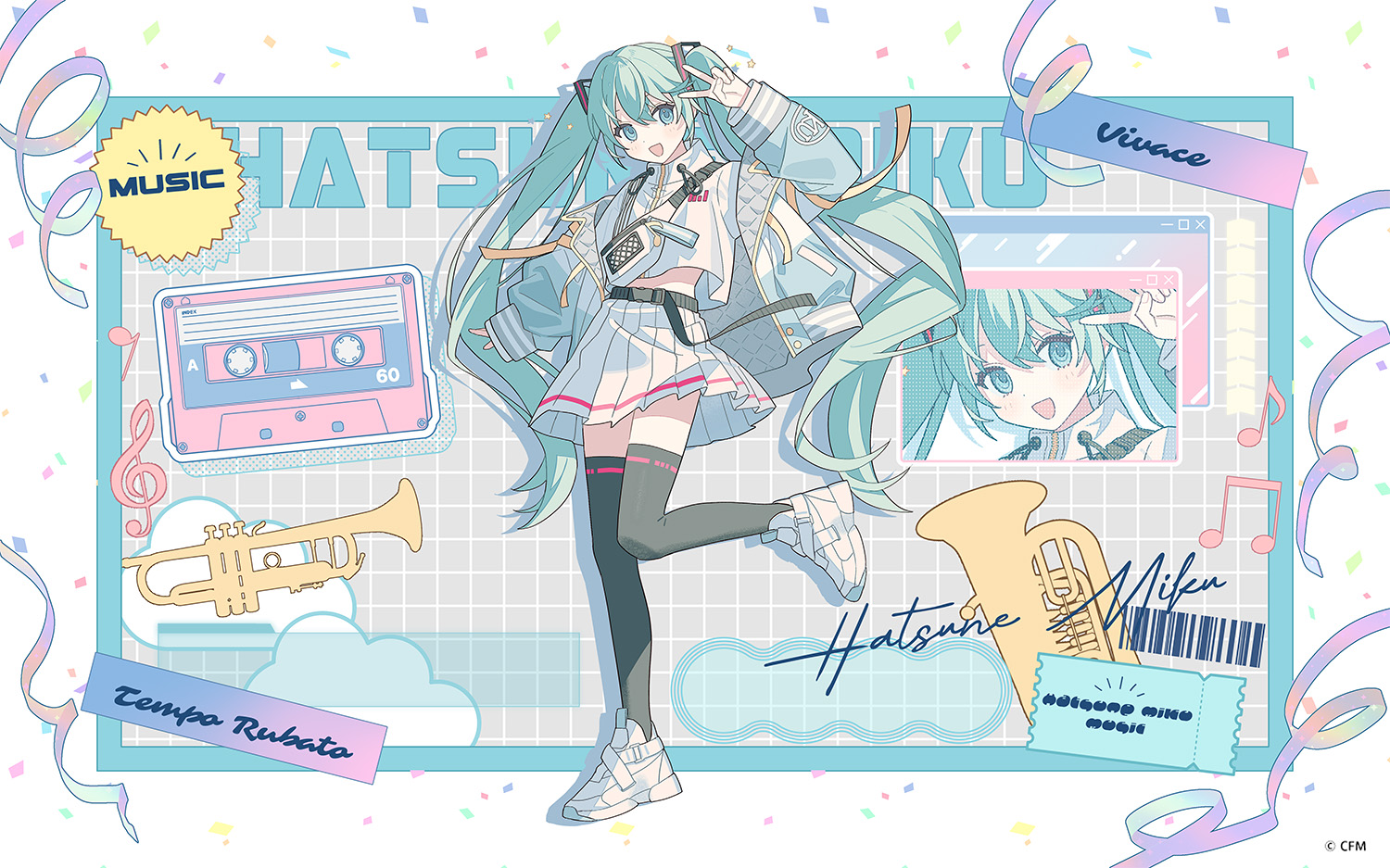 moo n moko, hatsune miku, vocaloid, official art, third-party source, 1girl, :d, aqua eyes, aqua hair, barcode, belt, black belt, black thighhighs, blue jacket, cassette tape, character name, company name, confetti, copyright notice, cropped shirt, english text, fanny pack, full body, grid, hair between eyes, instrument, jacket, leg up, long hair, long sleeves, multicolored jacket, open clothes, open jacket, open mouth, pleated skirt, shirt, shoes, shoulder strap, skirt, sleeves past wrists, smile, streamers, thighhighs, ticket, trumpet, tuba, twintails, very long hair, white bag, white jacket, white shirt, white shoes, white skirt, window (computing), zoom layer