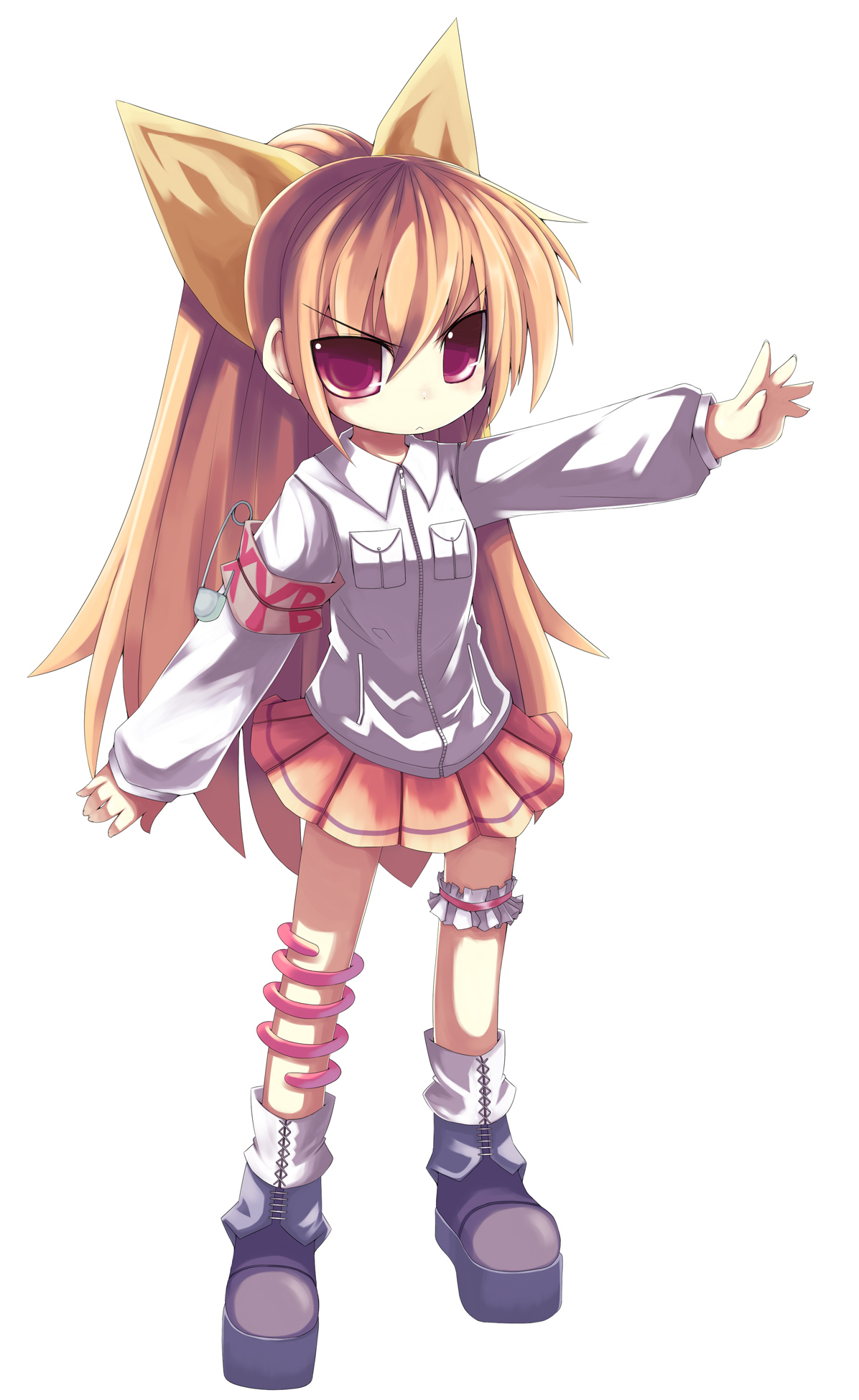 hebereke black, original, highres, 1girl, armband, bow, brown hair, child, female focus, frown, hair bow, long hair, miniskirt, orange skirt, outstretched arm, outstretched hand, pink eyes, simple background, skirt, solo, tsurime, very long hair, white background, zipper