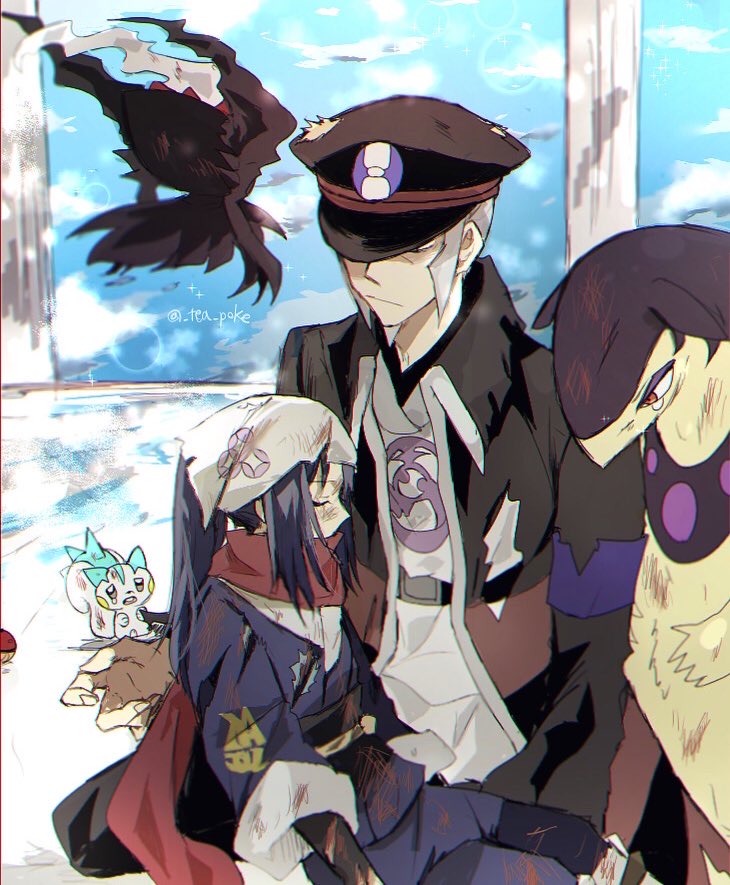 hakugei (pixiv24061075), akari (pokemon), darkrai, hisuian typhlosion, ingo (pokemon), pachirisu, nintendo, pokemon, pokemon legends: arceus, 1boy, 1girl, battle damage, black coat, black hair, black hat, black sash, blue kimono, blue sky, closed eyes, coat, dirty, dirty clothes, dirty face, facing another, galaxy expedition team survey corps uniform, gen 4 pokemon, hat, hat over one eye, headband, high collar, injury, japanese clothes, kimono, kneeling, leaning on person, legendary pokemon, looking at another, looking down, mythical pokemon, on ground, open clothes, open coat, outdoors, pillar, pokemon (creature), red scarf, sash, scarf, shirt, shorts, sky, tearing up, torn clothes, torn coat, torn hat, torn kimono, torn shorts, unconscious, white headband, white shirt