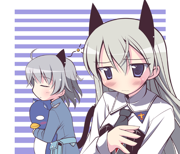 iwa (alpaca oukoku), eila ilmatar juutilainen, sanya v. litvyak, strike witches, world witches series, silver hair, 2girls, animal ears, blue eyes, blush, cat ears, cat tail, cosplay, costume switch, eila ilmatar juutilainen (cosplay), military, military uniform, multiple girls, sanya v litvyak (cosplay), short hair, tail