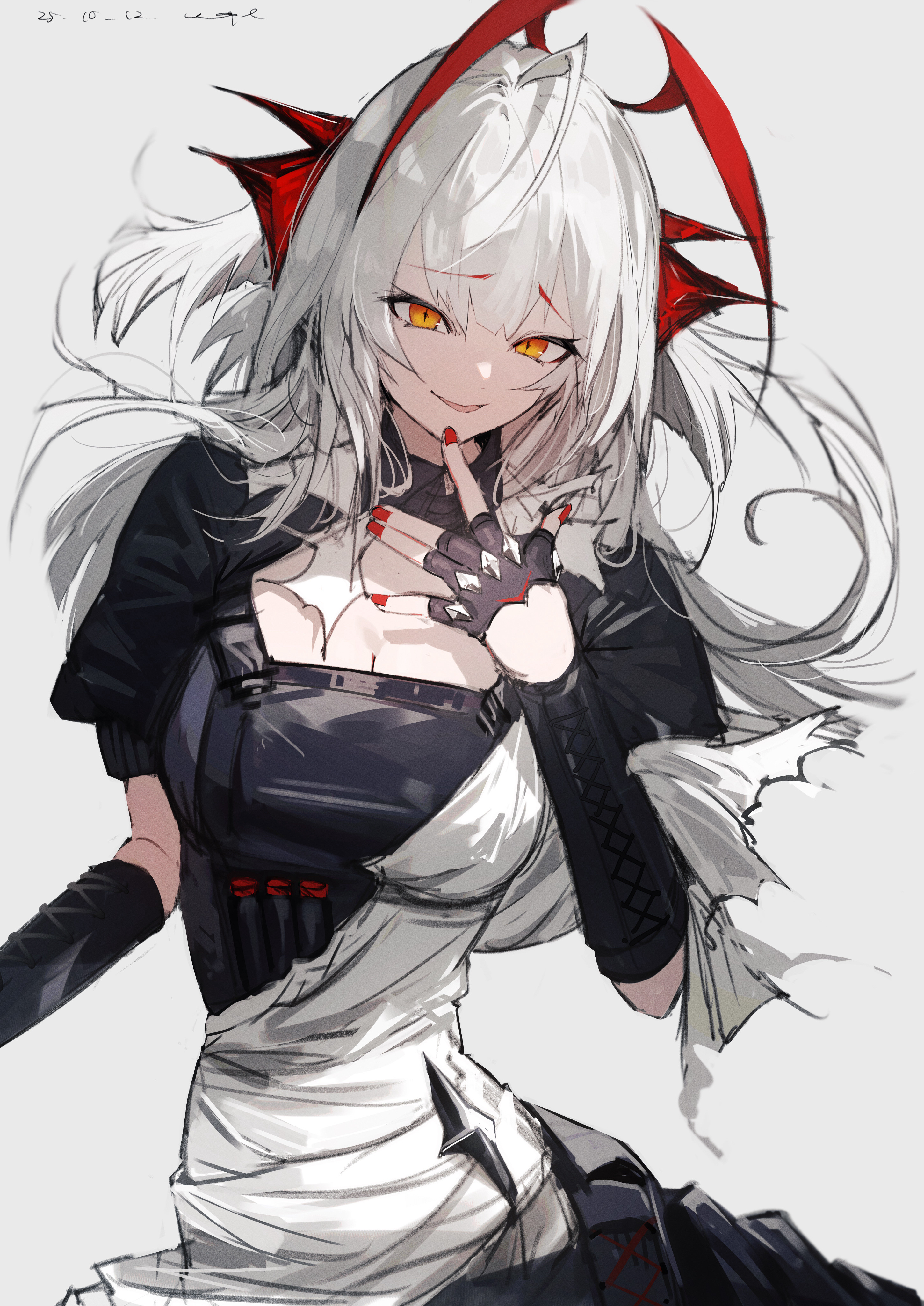pppmepl, w (arknights), wis'adel (arknights), wis'adel (supernova) (arknights), arknights, absurdres, highres, 1girl, antenna hair, black gloves, breasts, cleavage, cowboy shot, dated, demon horns, fingerless gloves, gloves, grey hair, grin, horns, large breasts, looking at viewer, official alternate costume, orange eyes, parted lips, red nails, smile, smirk, solo, torn clothes