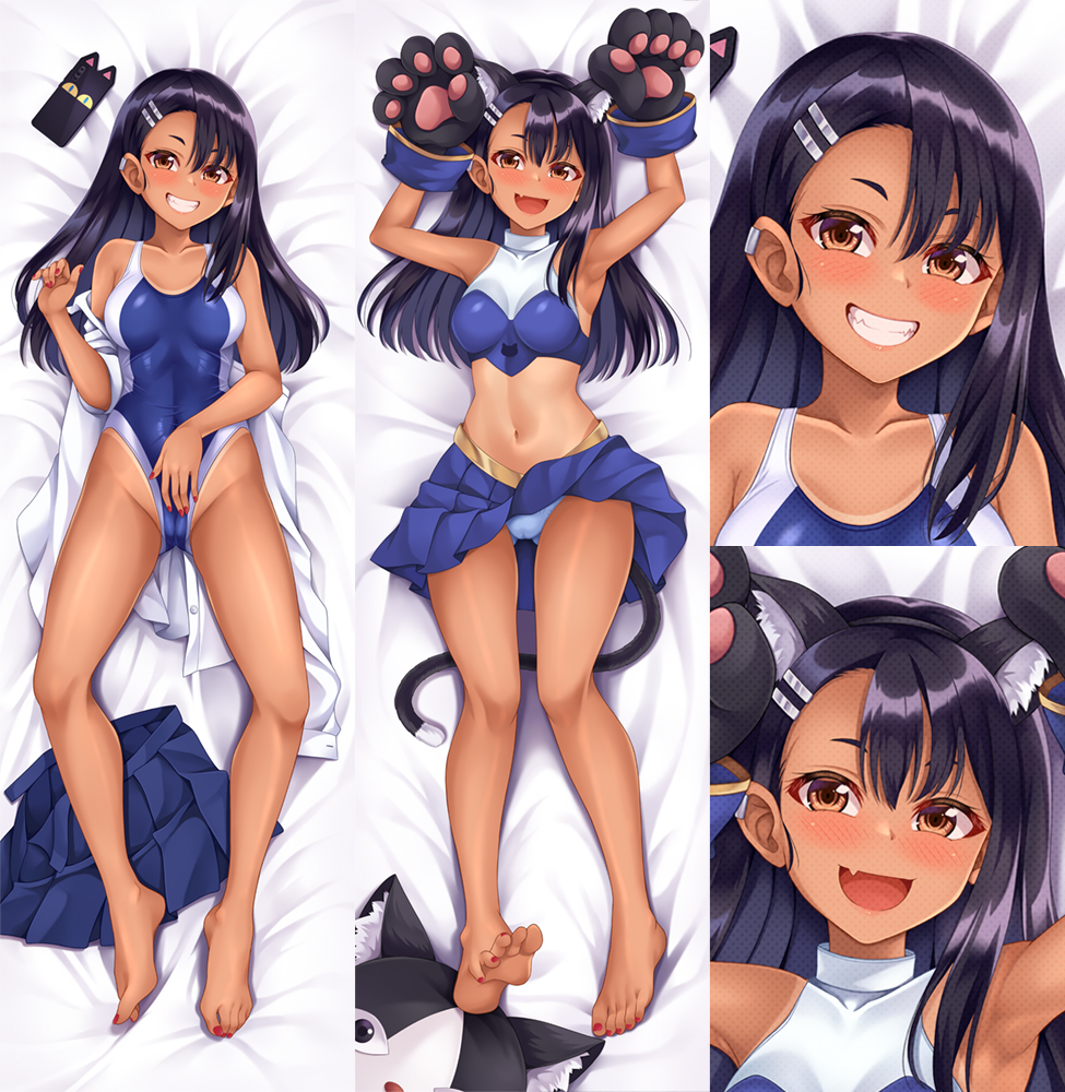 suzu miya, nagatoro hayase, cuddly octopus, ijiranaide nagatoro-san, commentary request, 1girl, animal ear fluff, animal ears, animal hands, armpits, arms up, barefoot, black hair, black tail, blue panties, blue skirt, blush, breasts, brown eyes, cameltoe, cat ears, cat mask, cat tail, cellphone, cheerleader, clothes lift, competition swimsuit, dakimakura (medium), fake animal ears, fake tail, fang, full body, gloves, grin, hair ornament, hairclip, long hair, looking at viewer, lying, mask, midriff, multiple views, navel, on back, one-piece swimsuit, one-piece tan, open mouth, panties, parallel hairclips, paw gloves, phone, pleated skirt, shirt, skirt, skirt lift, sleeveless, small breasts, smartphone, smile, swimsuit, tail, tan, tanline, underwear, unworn mask, unworn skirt, white shirt