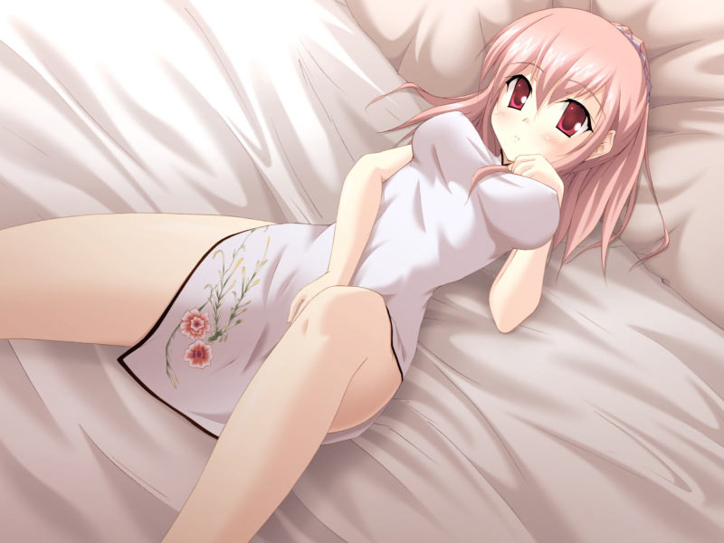blush, brown hair, china dress, chinese clothes, dress, long hair, lying, red eyes, thighhighs