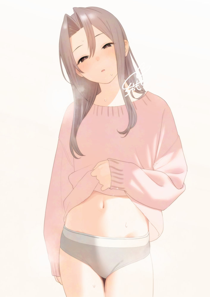 sakiecho, zuihou (kancolle), kantai collection, adversarial noise, commentary request, 1girl, alternate costume, blush, brown eyes, brown hair, clothes lift, cowboy shot, grey panties, hair between eyes, hair down, lifting own clothes, long hair, long sleeves, looking at viewer, navel, panties, parted lips, pink sweater, shirt lift, sidelocks, signature, simple background, sleeves past wrists, solo, standing, steam, stomach, sweat, sweater, thighs, underwear, white background, wilting