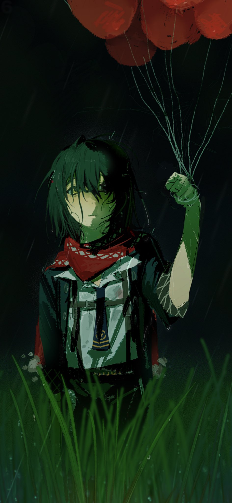diandian quan, mashiro meme, mashiro meme (1st costume), nijisanji, highres, 1boy, balloon, black hair, black jacket, blurry, dark, depth of field, expressionless, grass, hair between eyes, holding, holding balloon, jacket, looking at viewer, male focus, night, outdoors, rain, red scarf, scarf, shirt, short hair, solo, suspenders, virtual youtuber, wet, wet clothes, wet hair, white shirt