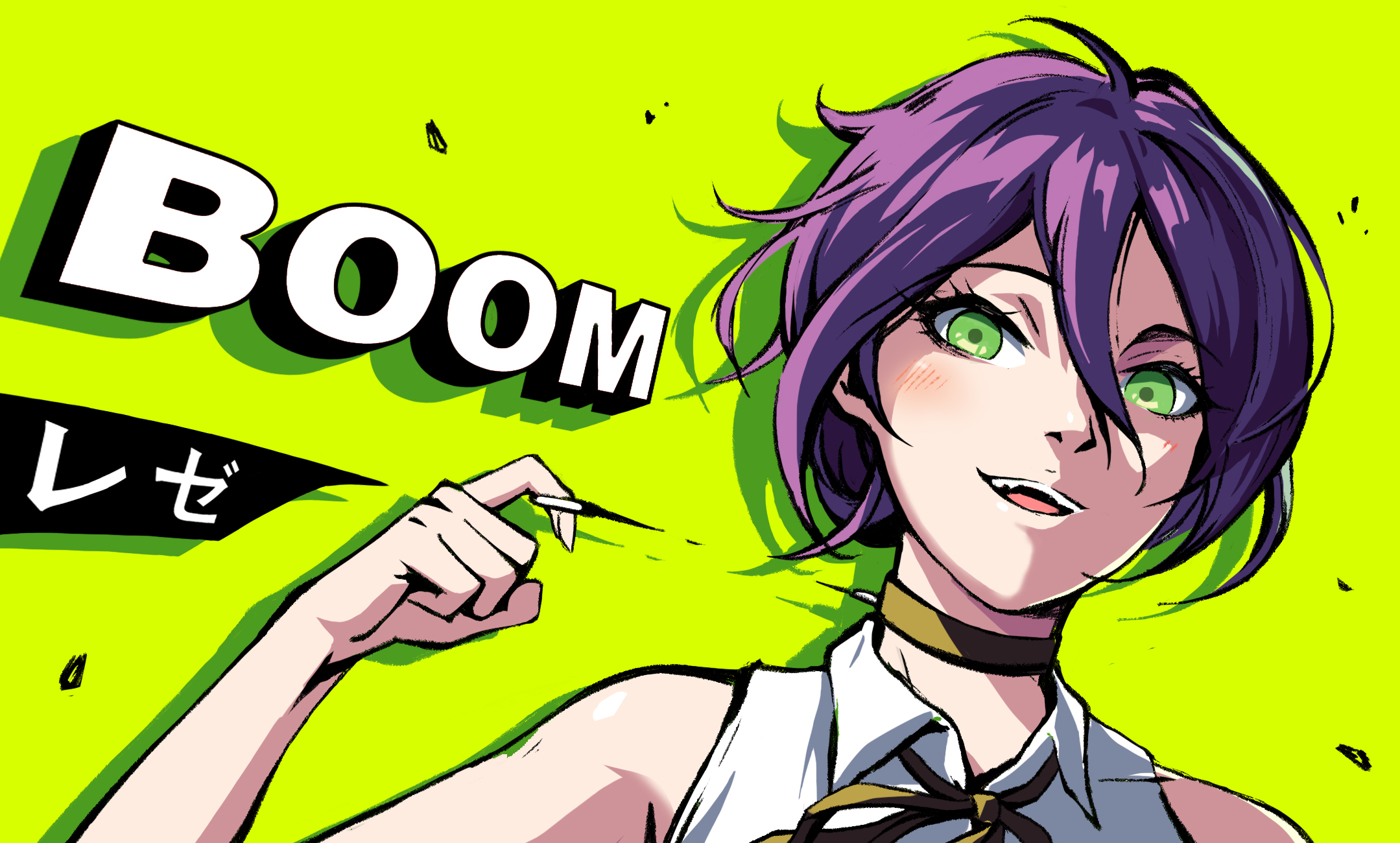 l-tk, reze (chainsaw man), chainsaw man, highres, 1girl, black ribbon, collared shirt, green background, green eyes, grenade pin, hair between eyes, neck ribbon, purple hair, ribbon, shirt, sleeveless, sleeveless shirt, solo, teeth, upper teeth only, white shirt