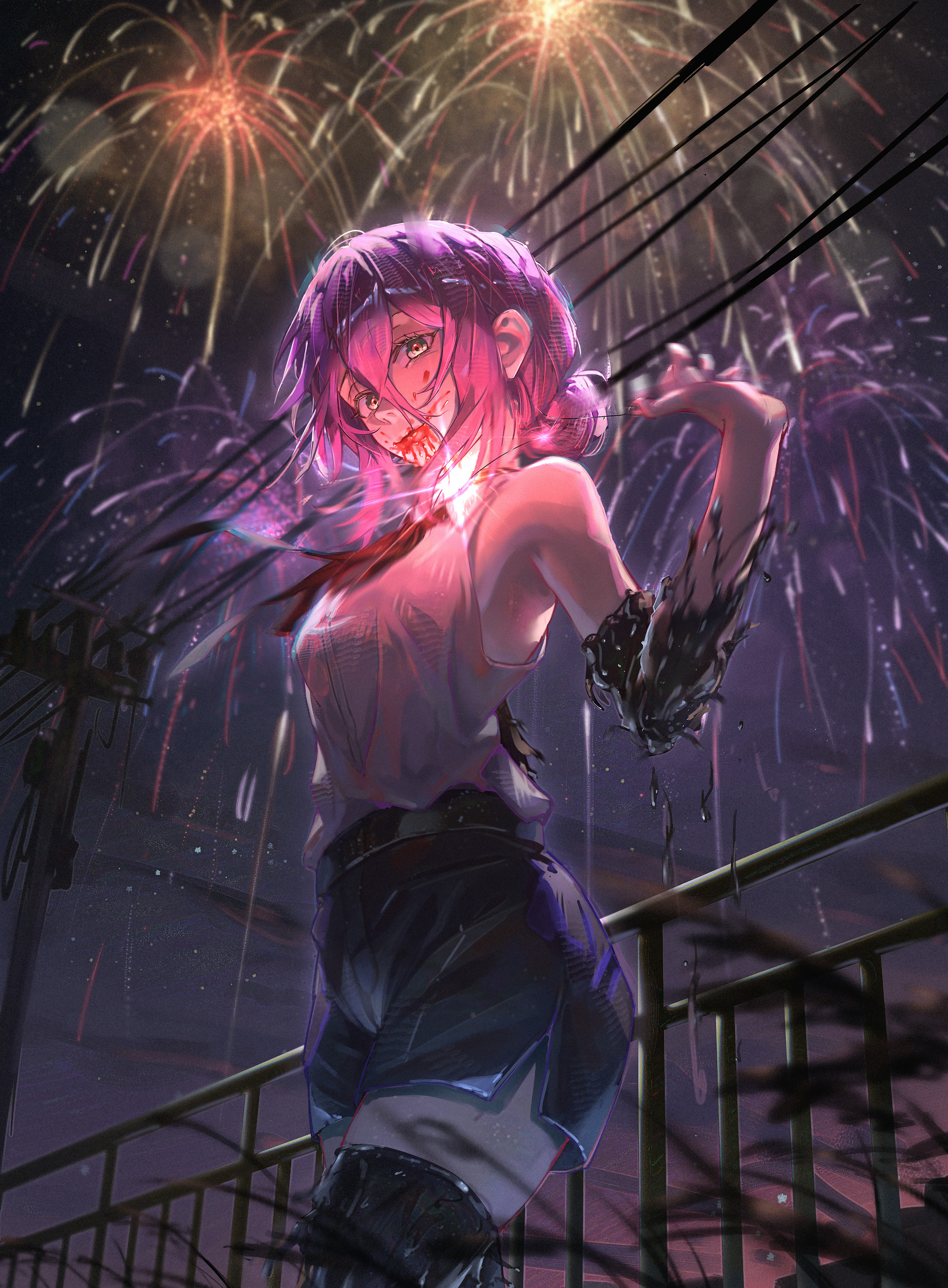 reze (chainsaw man), chainsaw man, absurdres, highres, 1girl, aerial fireworks, black ribbon, black shorts, black thighhighs, blood, blood on face, fireworks, hair between eyes, hair bun, looking at viewer, neck ribbon, night, outdoors, power lines, purple hair, railing, ribbon, shirt, shirt tucked in, shorts, sleeveless, sleeveless shirt, solo, suikagcy, thighhighs, utility pole, white shirt
