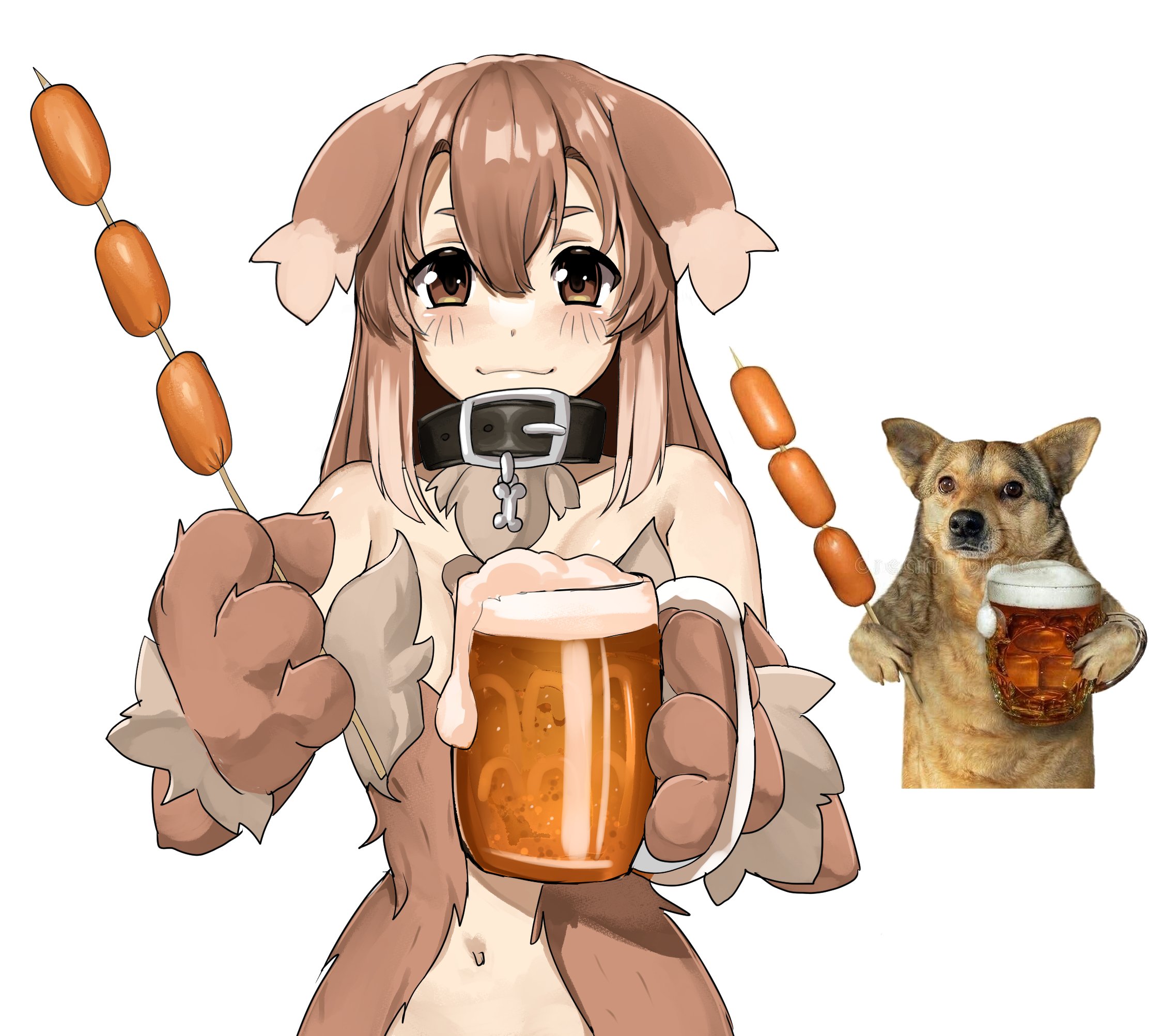 leiden yaegore, kobold (monster girl encyclopedia), monster girl encyclopedia, commentary, english commentary, highres, photo-referenced, 1girl, :3, alcohol, animal, animal ears, animal hands, bare shoulders, beer, beer mug, belt, belt buckle, belt collar, black belt, black collar, blush, body fur, brown eyes, brown fur, brown hair, buckle, closed mouth, collar, cup, dog, dog ears, dog girl, dog paws, double-parted bangs, floppy ears, foam, food, hair between eyes, holding, holding cup, holding food, holding stick, long hair, looking at viewer, meat, monster girl, mug, photo inset, reference inset, simple background, smile, solo focus, stick, straight-on, upper body, white background