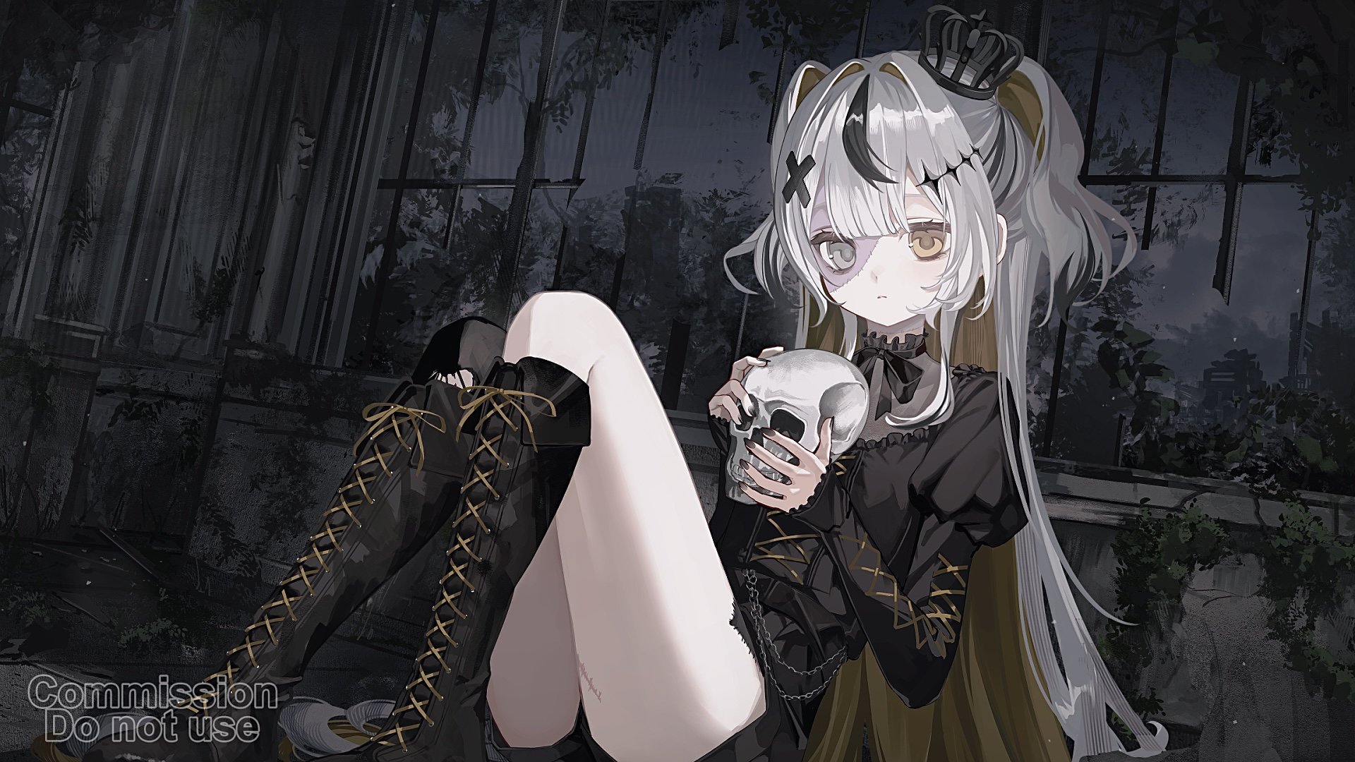 sho (sho oe4), original, commission, highres, skeb commission, 1girl, black boots, black shirt, boots, closed mouth, crown, grey hair, heterochromia, holding, holding skull, juliet sleeves, knee boots, knees up, lace-up boots, legs together, long hair, long sleeves, looking at viewer, mini crown, puffy sleeves, shirt, sitting, skull, solo, two side up