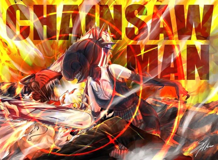 sakunaroku, bomb devil (chainsaw man), denji (chainsaw man), chainsaw man, 1boy, 1girl, apron, battle, black apron, black gloves, black pants, black shorts, chainsaw, copyright name, dynamite, elbow gloves, explosive, gloves, object head, open mouth, pants, pull cord, sharp teeth, shirt, shorts, sleeveless, sleeveless shirt, teeth, white shirt