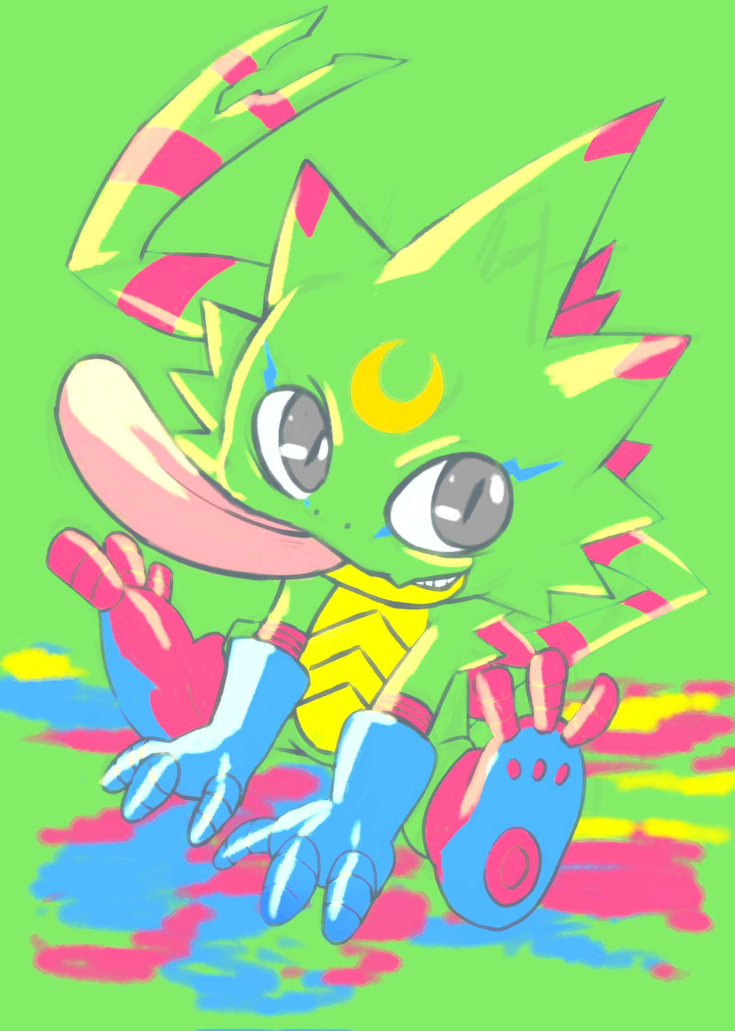 hudie jun, gekkomon, digimon, highres, blue gloves, digimon (creature), gecko, gloves, green background, grey hair, no humans, simple background, slit pupils, tongue, tongue out