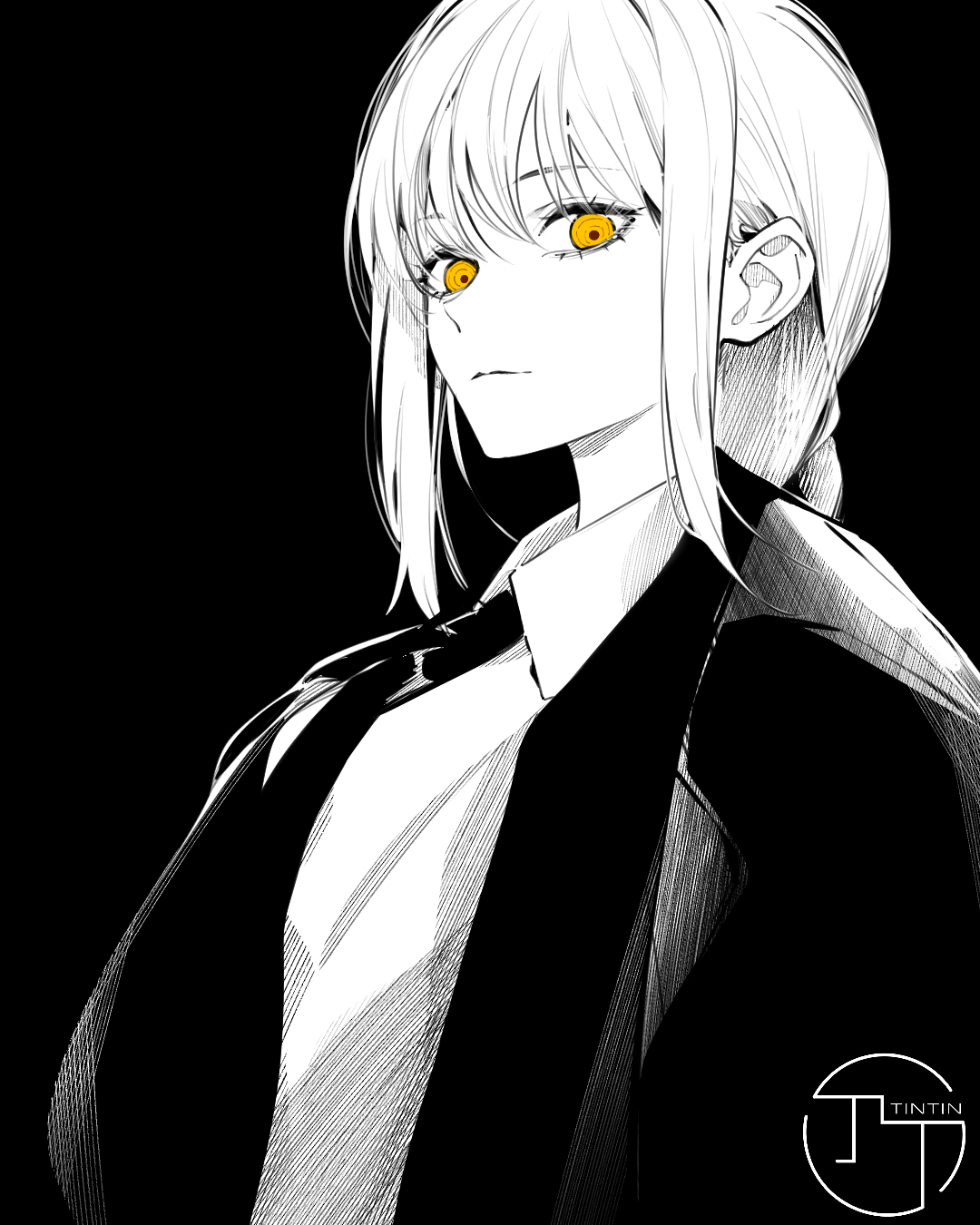 chouchou (austin), makima (chainsaw man), chainsaw man, highres, 1girl, artist name, coat, collared shirt, formal clothes, greyscale, monochrome, necktie, ringed eyes, shirt, solo, spot color, suit, trench coat, yellow eyes