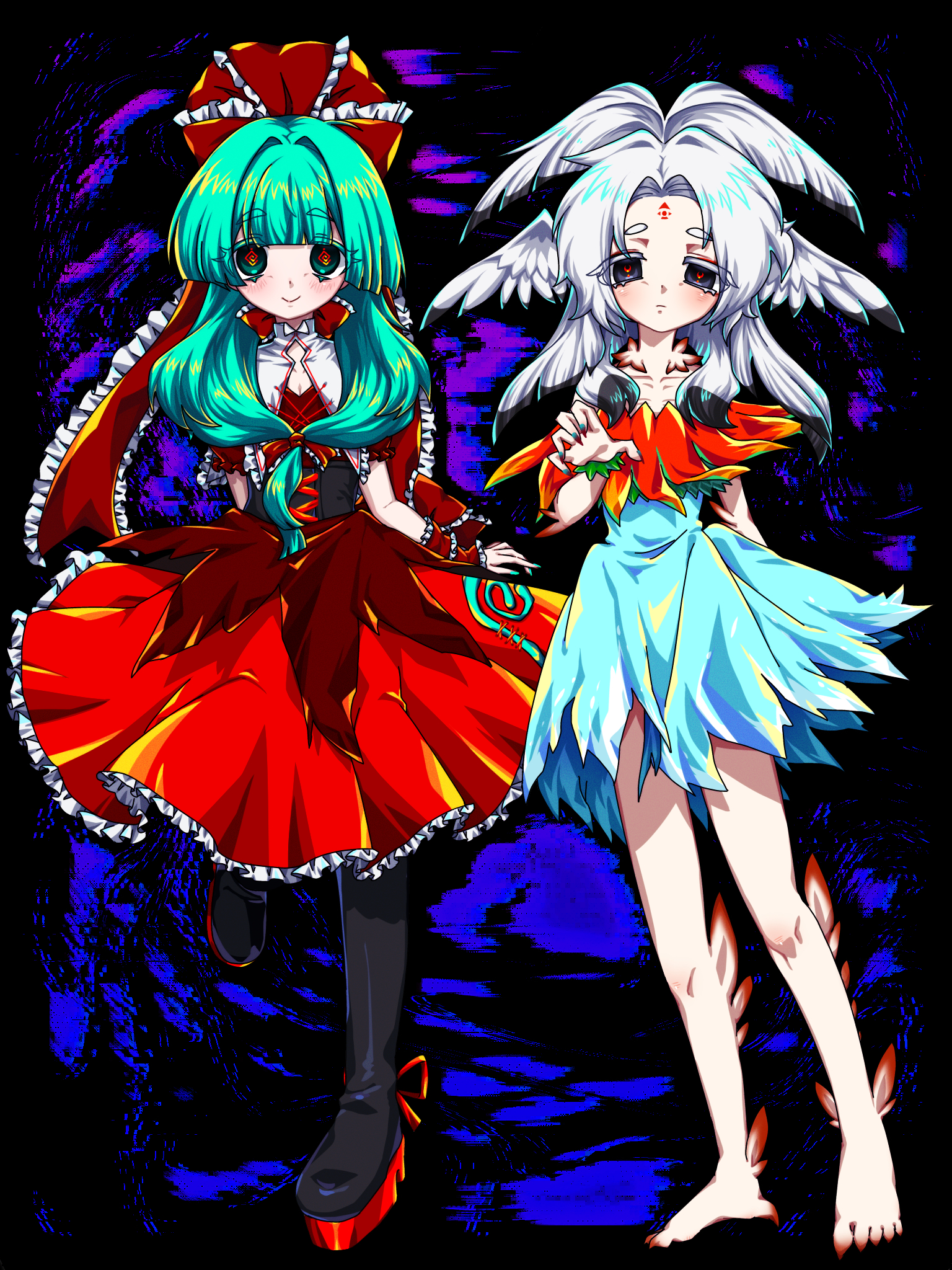 shinkaineko115, houjuu chimi, kagiyama hina, touhou, commentary request, highres, 2girls, @ @, abstract background, adapted costume, aqua hair, aqua nails, arm behind back, arm ribbon, barefoot, black background, black boots, black corset, black eyes, black hair, blue dress, blunt bangs, boots, claw pose, claws, collared dress, colored tips, corset, curtained hair, dress, facial mark, feathers, forehead, forehead mark, frilled dress, frilled ribbon, frills, front ponytail, full body, green eyes, hair ribbon, half updo, hand up, head wings, leaf clothing, long hair, looking at viewer, medium dress, medium hair, multicolored hair, multiple girls, red dress, red nails, red pupils, red ribbon, ribbon, short sleeves, smile, standing, standing on one leg, white hair, wings