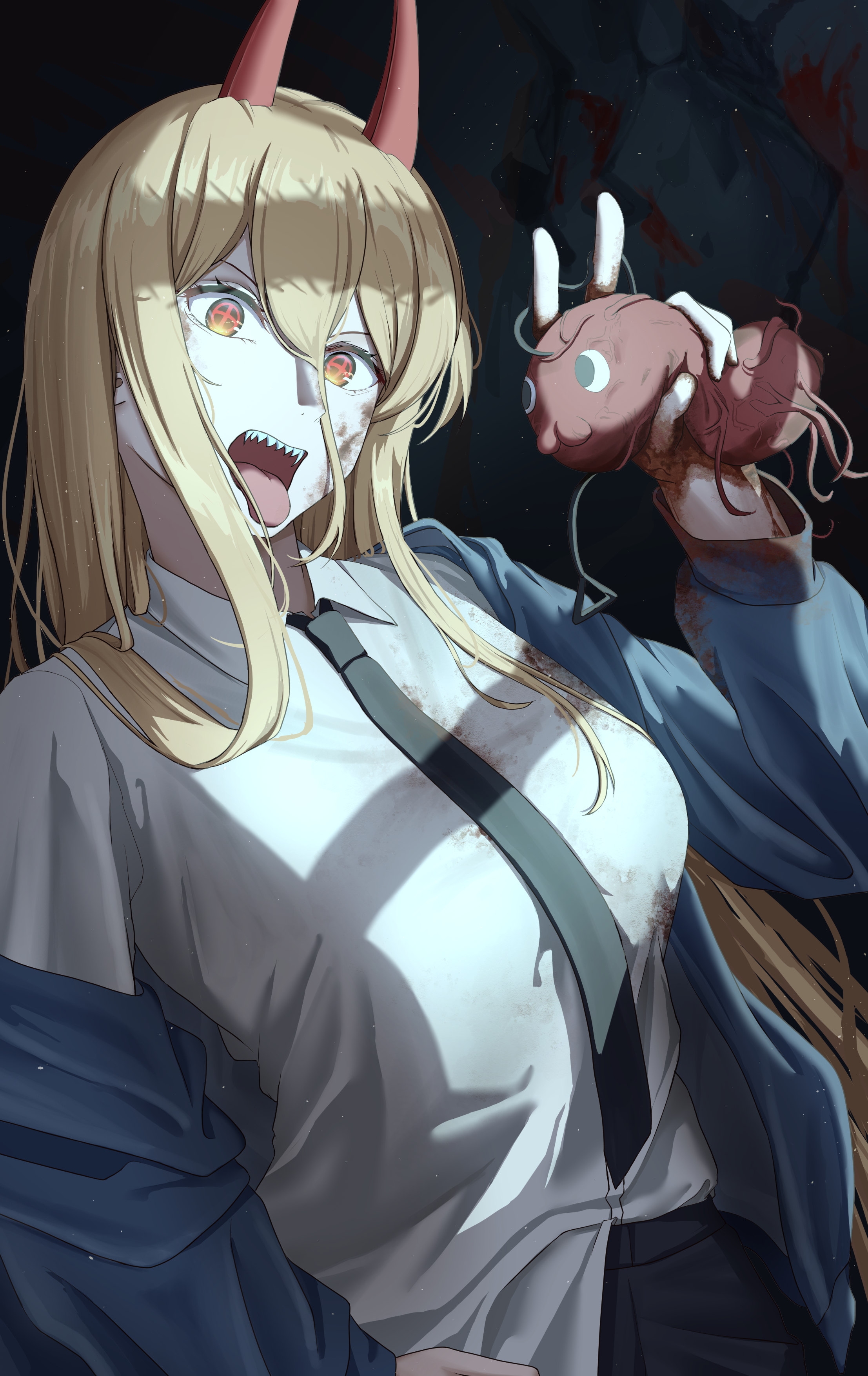 akirondo, pochita (chainsaw man), power (chainsaw man), chainsaw man, absurdres, highres, 1girl, black background, black necktie, blonde hair, blue jacket, cross-shaped pupils, demon girl, demon horns, hair between eyes, heart (organ), holding heart (organ), horns, jacket, long hair, long hair between eyes, looking at viewer, necktie, open mouth, red horns, sharp teeth, shirt, shirt partially tucked in, symbol-shaped pupils, teeth, tongue, tongue out, white shirt, yellow eyes