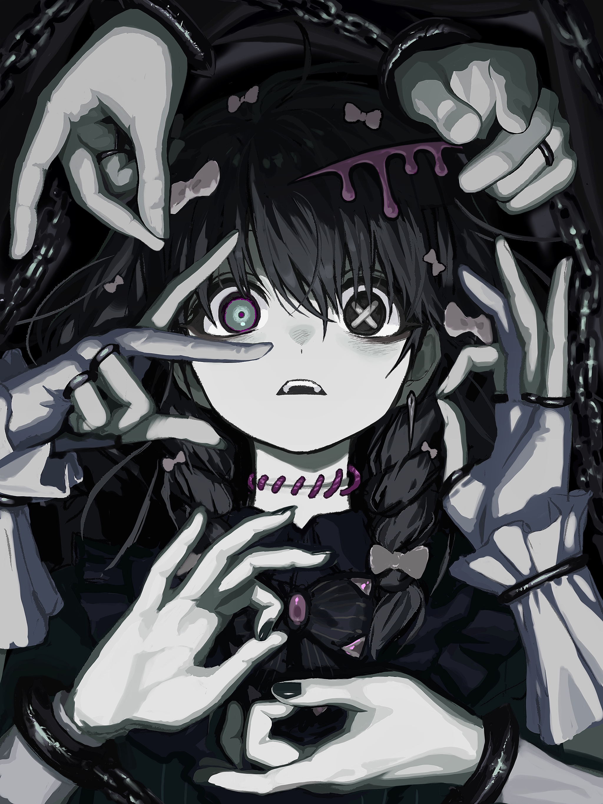 wawasuke, hatsune miku, vocaloid, absurdres, highres, 1girl, ahoge, alternate costume, bags under eyes, black hair, bow, bowtie, braid, chain, collared dress, cuffs, dress, earrings, extra arms, gloves, green dress, hair bow, jewelry, long hair, looking at viewer, mismatched pupils, mudra, open mouth, pale skin, partially fingerless gloves, shackles, side braids, single earring, solo, stitched neck, stitches, straight-on, teeth, twin braids, upper body, upper teeth only, white gloves, wrist cuffs