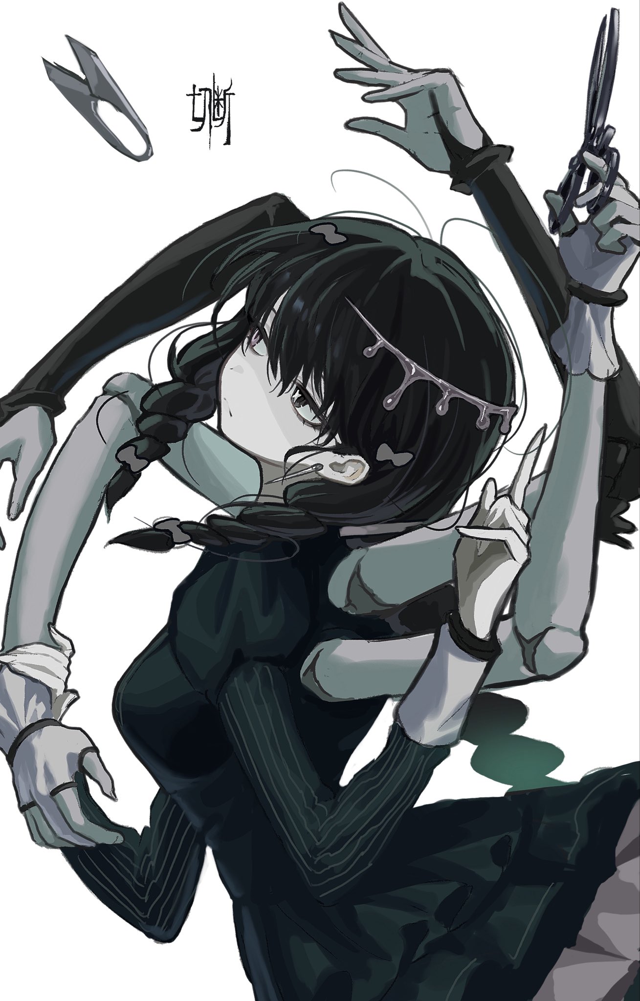 wawasuke, hatsune miku, vocaloid, highres, 1girl, alternate costume, arms up, black eyes, black hair, bow, braid, breasts, closed mouth, doll joints, dress, earrings, extra arms, gloves, green dress, hair bow, head tilt, holding, holding scissors, index finger raised, jewelry, joints, juliet sleeves, long hair, long sleeves, looking to the side, mismatched pupils, pale skin, partially fingerless gloves, puffy sleeves, scissors, side braids, single earring, small breasts, solo, twin braids, upper body, white background, white gloves