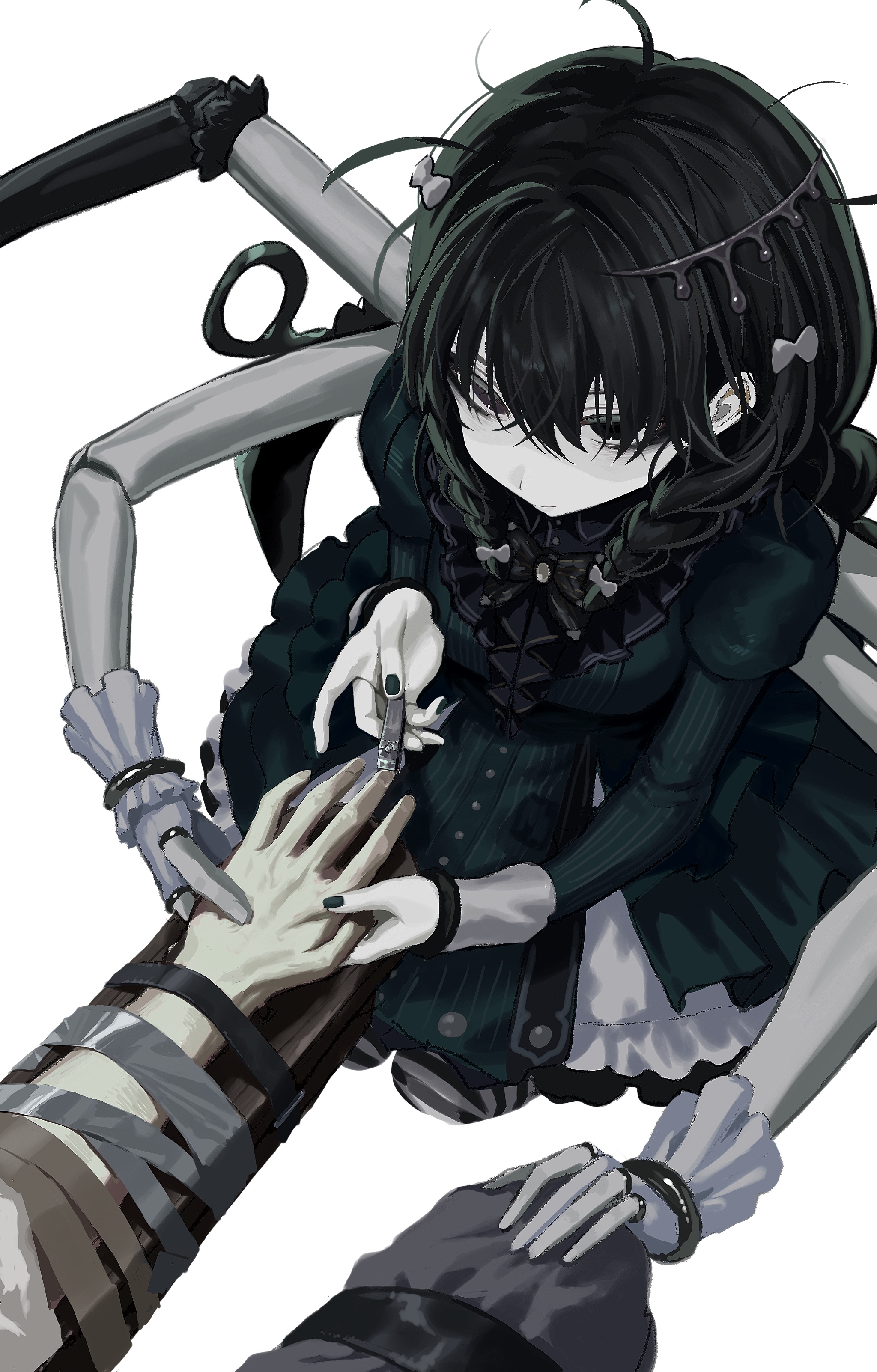 wawasuke, hatsune miku, vocaloid, absurdres, highres, 1girl, 1other, ahoge, alternate costume, applying manicure, bags under eyes, black eyes, black hair, bow, bowtie, braid, breasts, clipping nails, closed mouth, collared dress, doll joints, dress, expressionless, extra arms, fingerless gloves, gloves, green dress, green nails, hair between eyes, hair bow, holding hands, joints, juliet sleeves, kneeling, long hair, long sleeves, messy hair, nail clippers, out of frame, pale skin, prehensile hair, puffy sleeves, restrained, sidelocks, small breasts, solo, twin braids, very long hair, white background, white gloves