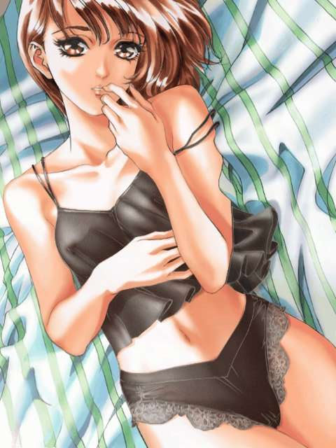 brown eyes, brown hair, long hair, looking at viewer, navel, thighhighs