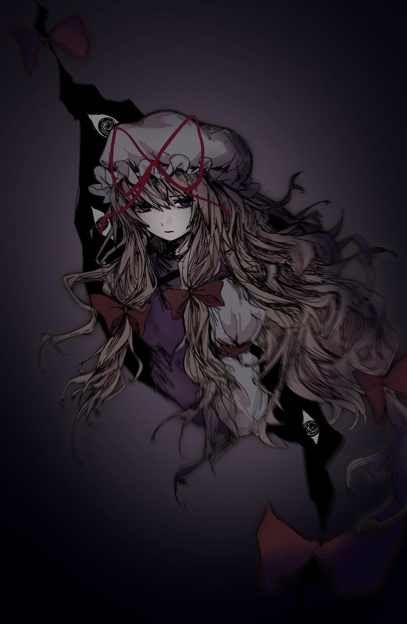 yakumo yukari, touhou, commentary request, highres, 1girl, blonde hair, bow, closed mouth, dress, expressionless, gap (touhou), hair bow, hat, hat ribbon, long hair, looking at viewer, mob cap, multiple hair bows, purple background, purple eyes, purple tabard, red bow, red ribbon, ribbon, sixsec6ndzlater, solo, tabard, upper body, vignetting, white dress, white hat