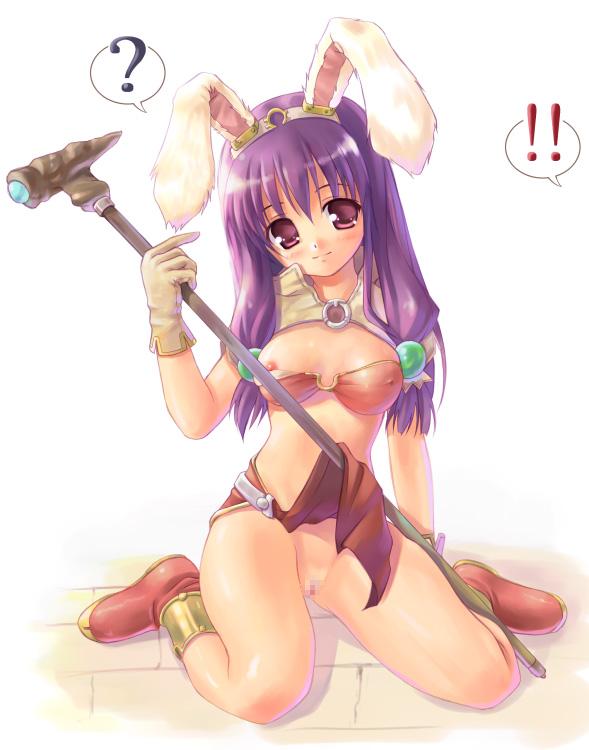 akamaru, ragnarok online, !!, ?, animal ears, blush, censored, gloves, kneeling, long hair, looking at viewer, mage, midriff, nipple slip, nipples, purple hair, rabbit ears, red eyes, skirt, skirt lift, smile, staff, thighhighs