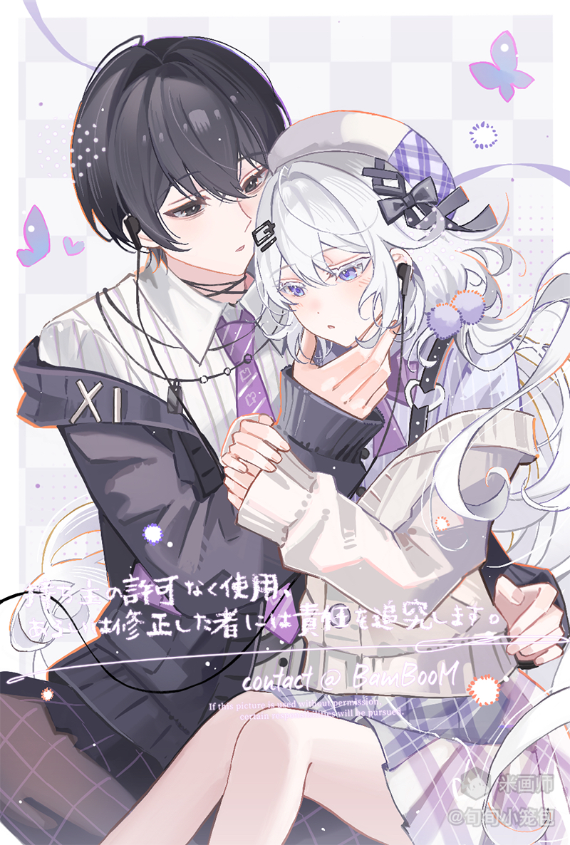 original, 1boy, 1girl, black eyes, black hair, black jacket, blue eyes, collared shirt, earphones, feet out of frame, hat, holding hands, jacket, long hair, long sleeves, mihuashi username, necktie, off shoulder, open clothes, open jacket, parted lips, plaid clothes, plaid skirt, pleated skirt, purple necktie, purple skirt, shirt, short hair, skirt, watermark, white hair, white hat, xun xun xiaolongbao