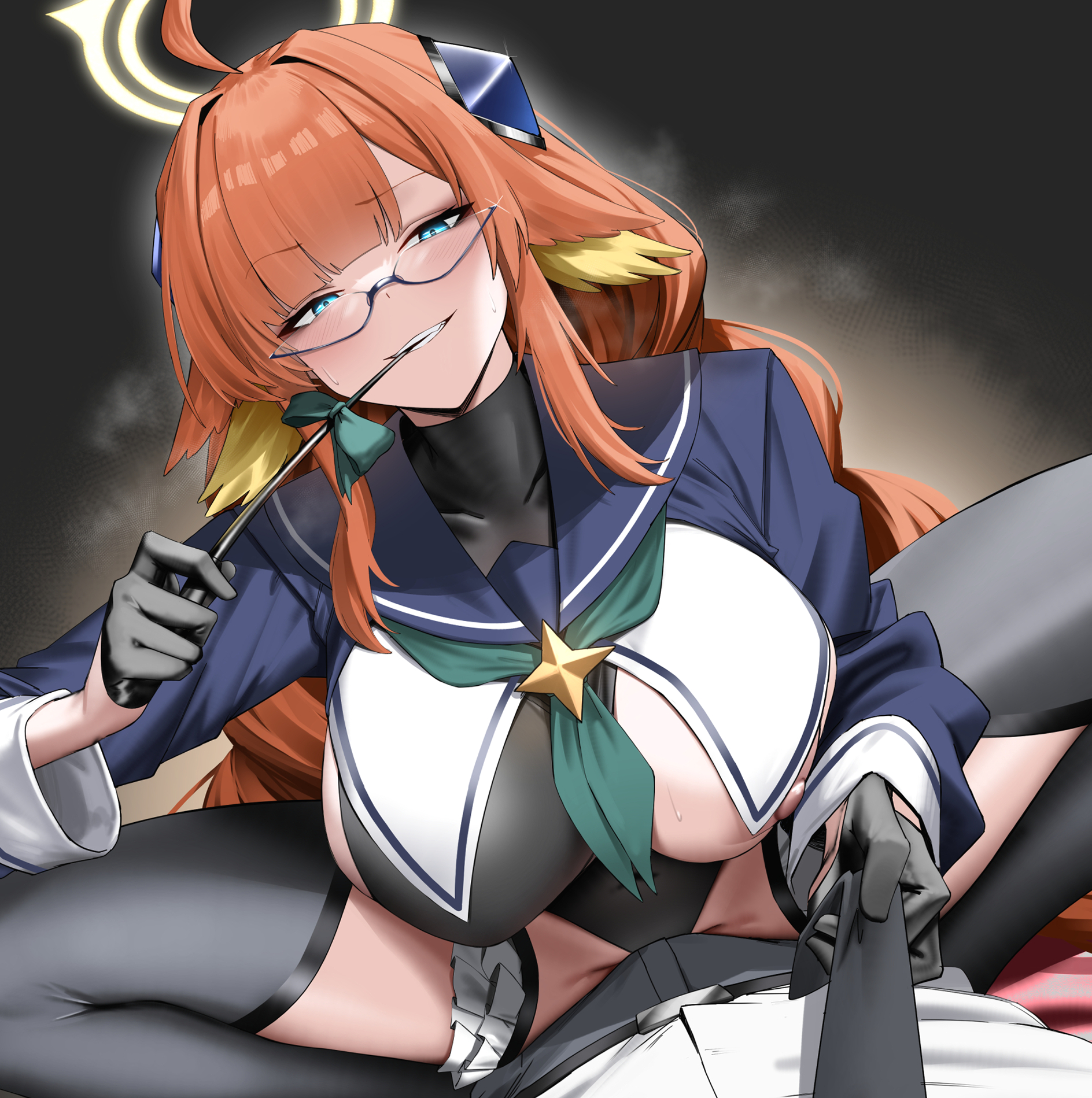 cliov, shimiko (blue archive), blue archive, braided twintails, highres, 1boy, 1girl, black gloves, black leotard, black necktie, black thighhighs, blue eyes, blue shrug, braid, breasts, bulge, clothes grab, clothing aside, feathers, girl on top, glasses, gloves, green neckerchief, grin, hair ornament, half gloves, halo, hetero, holding, holding riding crop, large breasts, leotard, leotard aside, long hair, looking at viewer, neckerchief, necktie, necktie grab, neckwear grab, nipples, orange hair, pov, riding crop, shrug (clothing), smile, solo focus, thighhighs, very long hair, yellow feathers, yellow halo