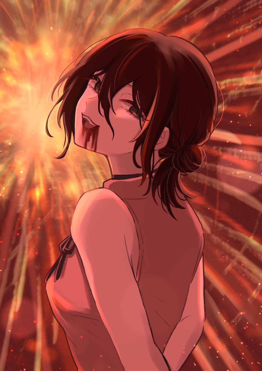 reze (chainsaw man), chainsaw man, highres, 1girl, aerial fireworks, arms behind back, black choker, black eyes, black hair, black ribbon, blood, blood from mouth, choker, fireworks, grey shirt, hair between eyes, hair bun, looking back, mochimochi (mochimochi2584), night, outdoors, ribbon, shirt, solo
