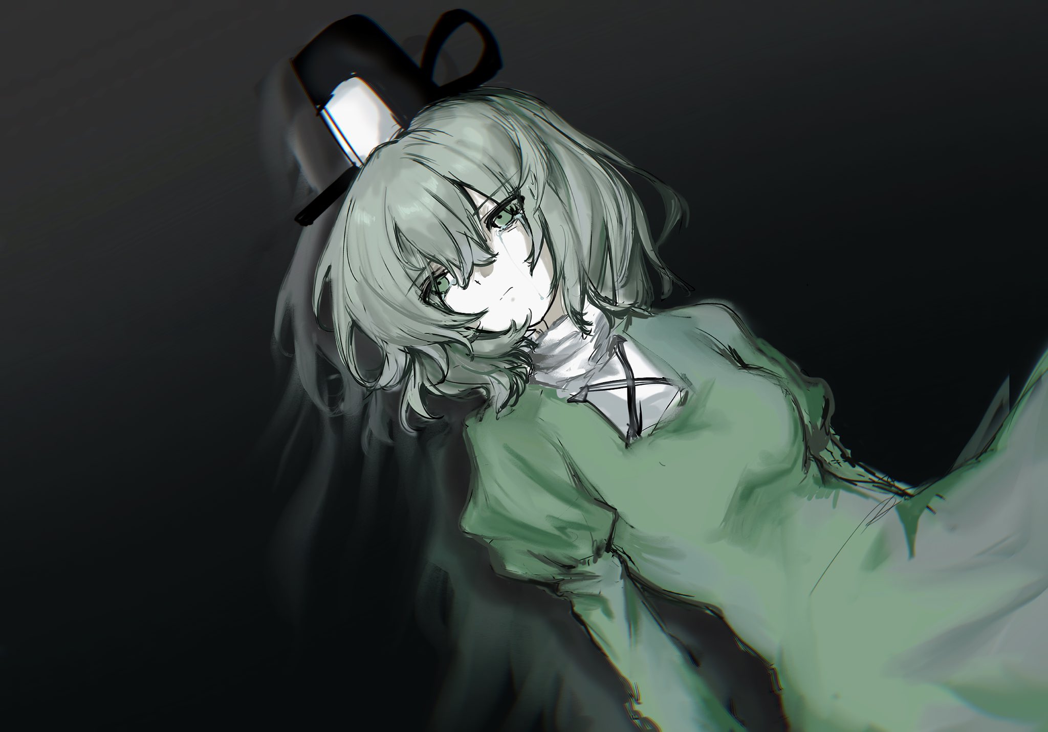 soga no tojiko, touhou, commentary request, highres, 1girl, black hat, closed mouth, expressionless, green eyes, green hair, grey background, hair between eyes, hat, juliet sleeves, long sleeves, looking afar, puffy sleeves, short hair, sixsec6ndzlater, solo, tate eboshi, upper body