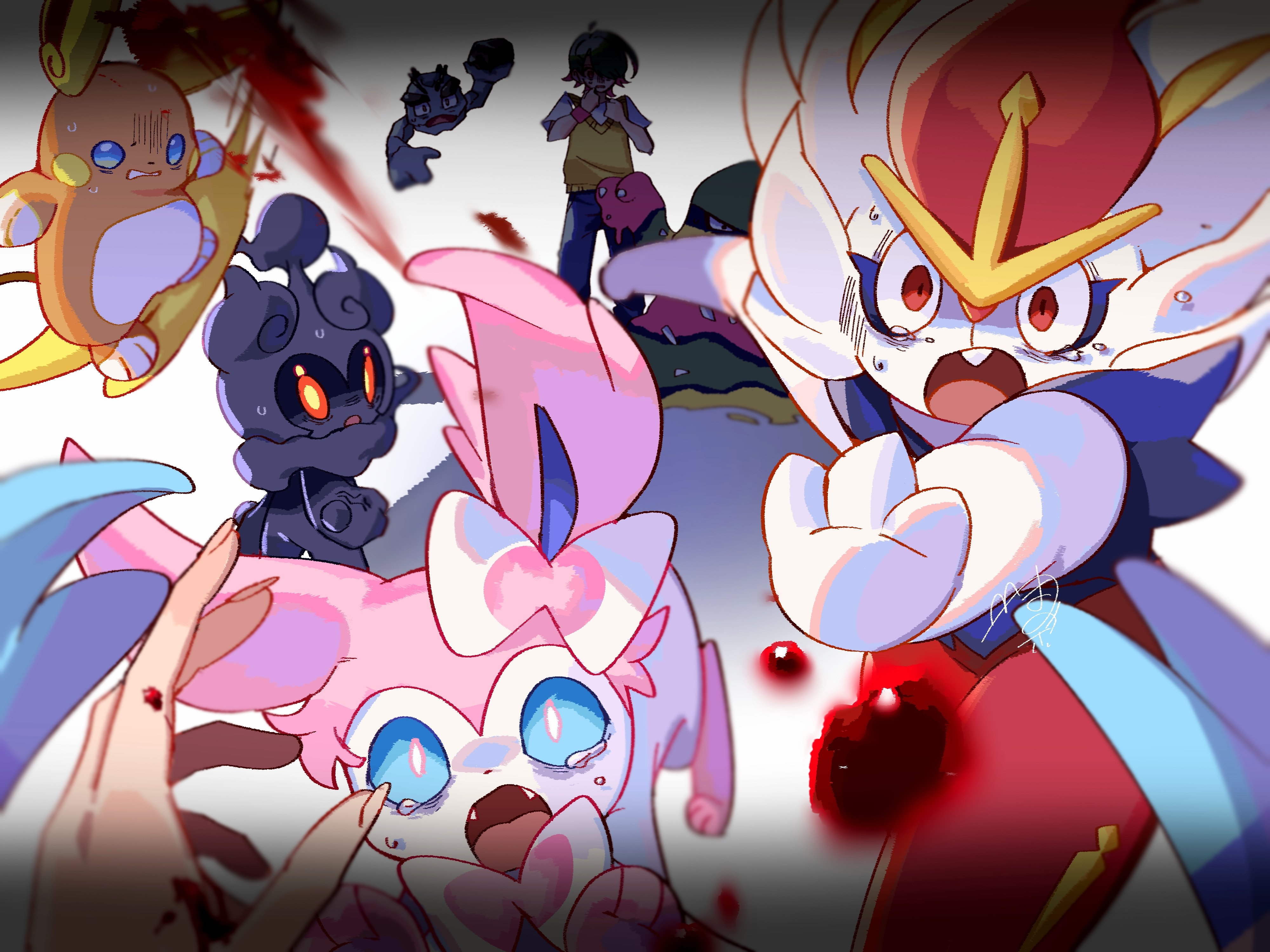 cinderace, geodude, raichu, sylveon, nintendo, pokemon, absurdres, highres, tagme, animal ears, blood, blood splatter, blue eyes, bow, gen 1 pokemon, gen 6 pokemon, gen 8 pokemon, open mouth, panicking, pariparihosiimo, pokemon (creature), pov, red eyes, short hair, sweat, tail, tears