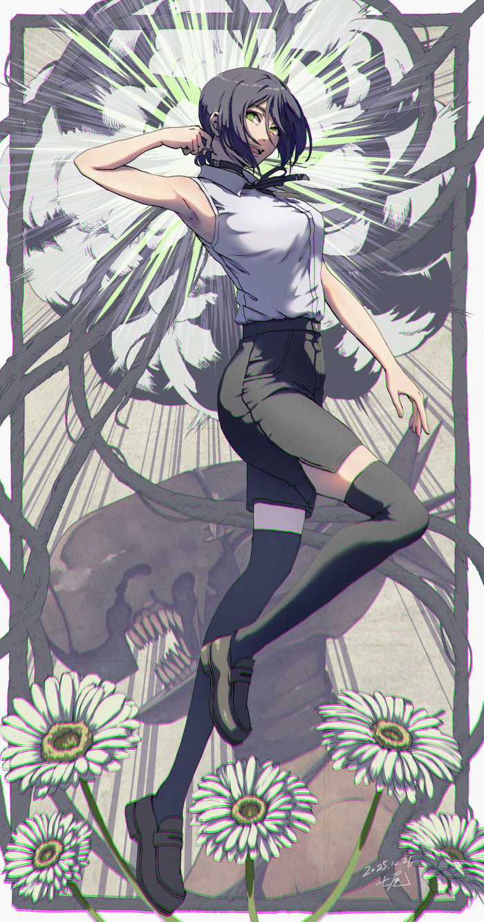 sn2k, bomb devil (chainsaw man), reze (chainsaw man), chainsaw man, highres, 1girl, arm up, armpits, black choker, black hair, black ribbon, black shoes, black shorts, black thighhighs, choker, collared shirt, explosion, explosion background, flower, full body, green eyes, loafers, neck ribbon, ribbon, shirt, shirt tucked in, shoes, shorts, sleeveless, sleeveless shirt, solo, thighhighs, white flower, white shirt