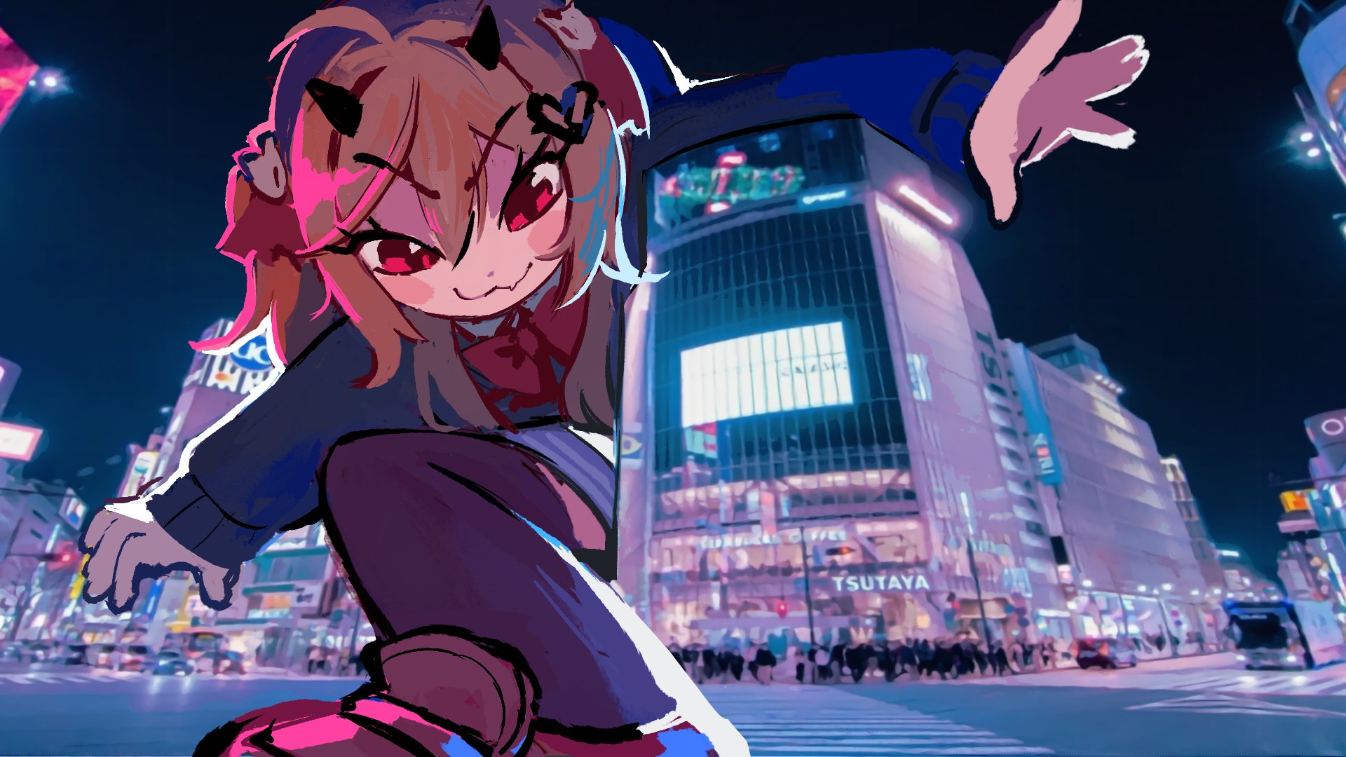 pasharuu, evil neuro-sama, neuro-sama, commentary, english commentary, highres, 1girl, :3, black cardigan, black horns, black thighhighs, bow, bowtie, broken heart, broken heart hair ornament, brown hair, brown shoes, cardigan, closed mouth, demon horns, giant, giantess, grey skirt, hair between eyes, hair ribbon, heart, horns, long hair, long sleeves, photo background, red bow, red bowtie, red eyes, red ribbon, ribbon, shoes, skirt, solo, thighhighs, two side up, vedal ai, very long hair, virtual youtuber