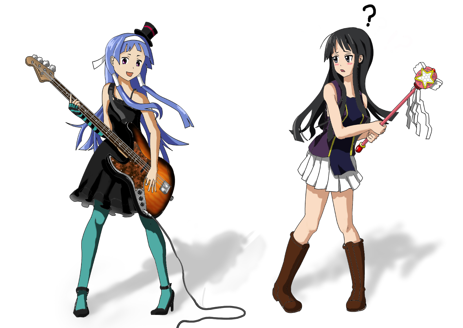 pikokopiko, akiyama mio, nagi, don't say "lazy", k-on!, kannagi, bad id, bad pixiv id, 2girls, akiyama mio (cosplay), bass guitar, black eyes, black hair, blue hair, blue pantyhose, blunt bangs, boots, cosplay, costume switch, crossover, dress, elbow gloves, fingerless gloves, gloves, hair ornament, hair tubes, hairband, hat, high heels, hime cut, instrument, long hair, mini hat, mini top hat, miniskirt, multiple girls, nagi (cosplay), open mouth, pantyhose, pleated skirt, purple eyes, shoes, simple background, skirt, standing, tank top, top hat, wand, white skirt