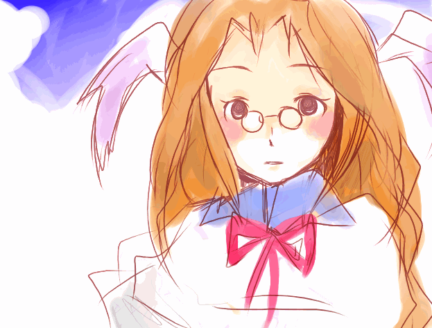 momo (breath of fire), breath of fire, breath of fire iii, animal ears, blush, glasses, rabbit ears, red hair, robe, solo