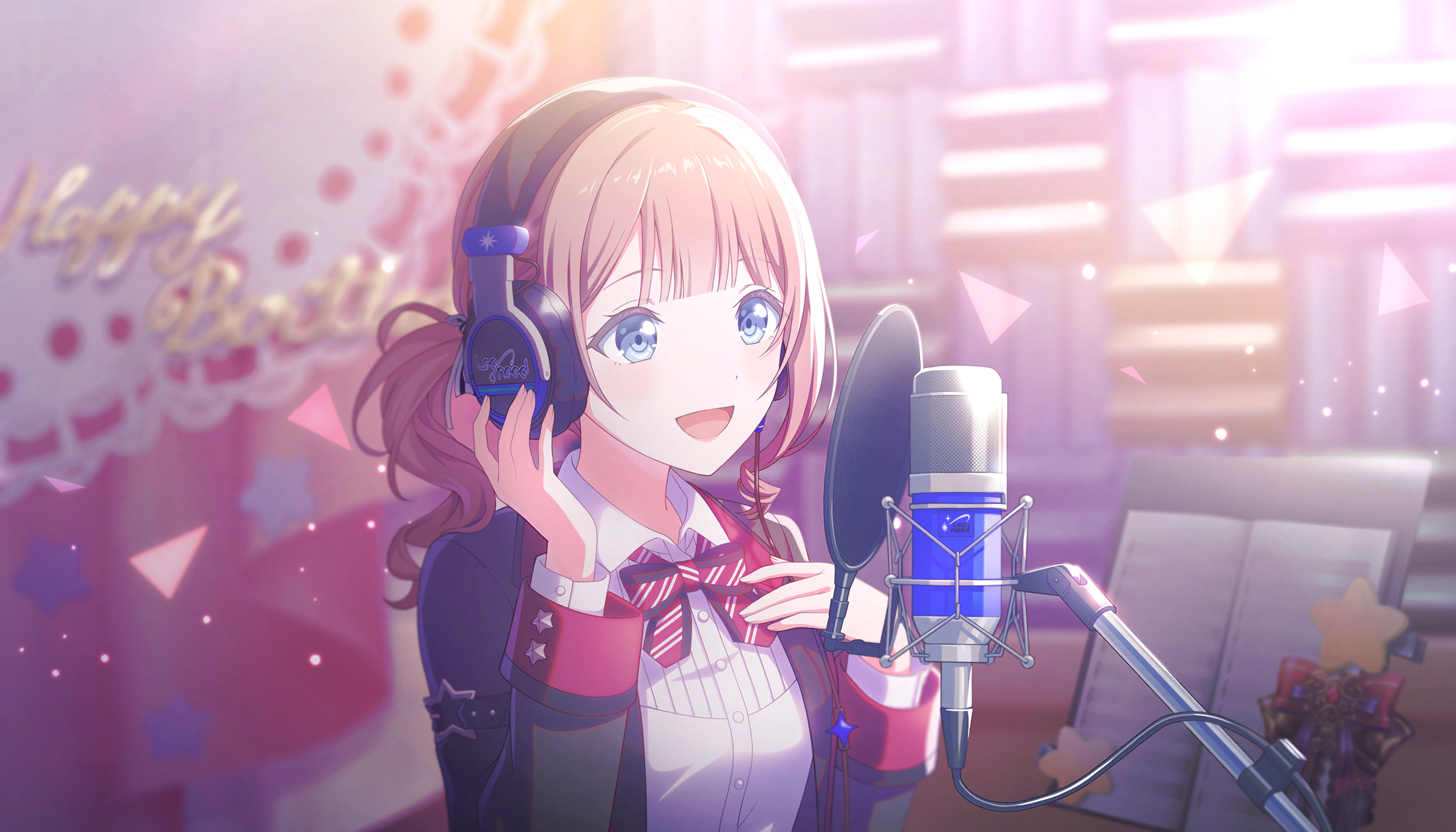 colorful palette, mochizuki honami, project sekai, game cg, highres, official art, third-party source, 1girl, :d, black jacket, blue eyes, blurry, blurry background, blush, bow, bowtie, brown hair, closed mouth, collared shirt, happy birthday, headphones, jacket, light particles, microphone, open mouth, red bow, red bowtie, shirt, side ponytail, smile, solo, star (symbol), striped bow, striped bowtie, striped clothes, studio microphone, tongue, triangle, white shirt