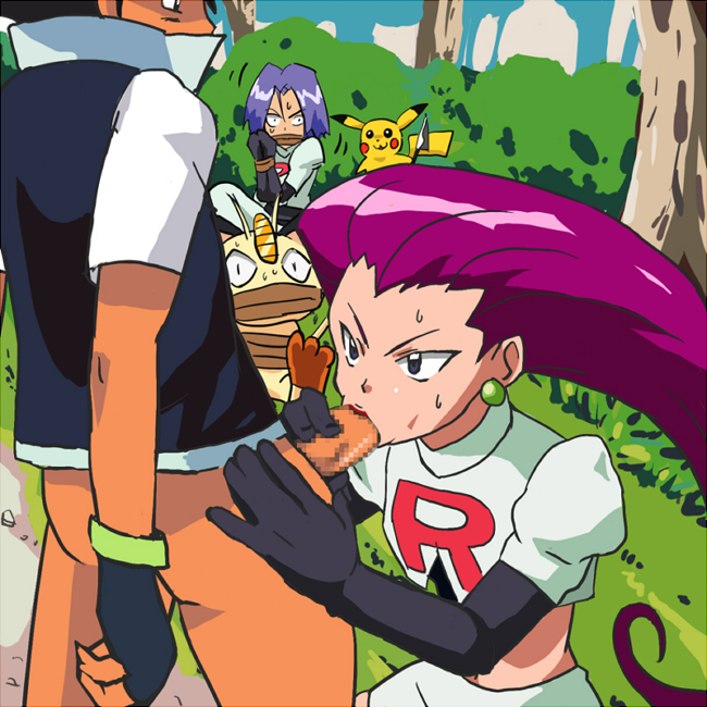 shiimira, ash ketchum, james (pokemon), jessie (pokemon), meowth, pikachu, nintendo, pokemon, pokemon (anime), 1girl, 2boys, age difference, bottomless, censored, elbow gloves, fellatio, fingerless gloves, forest, gen 1 pokemon, gloves, hetero, kneeling, knife, long hair, miniskirt, mosaic censoring, multiple boys, nature, oral, outdoors, pokemon (creature), puffy sleeves, purple hair, short hair, shota, skirt, standing, team rocket, tree, watching